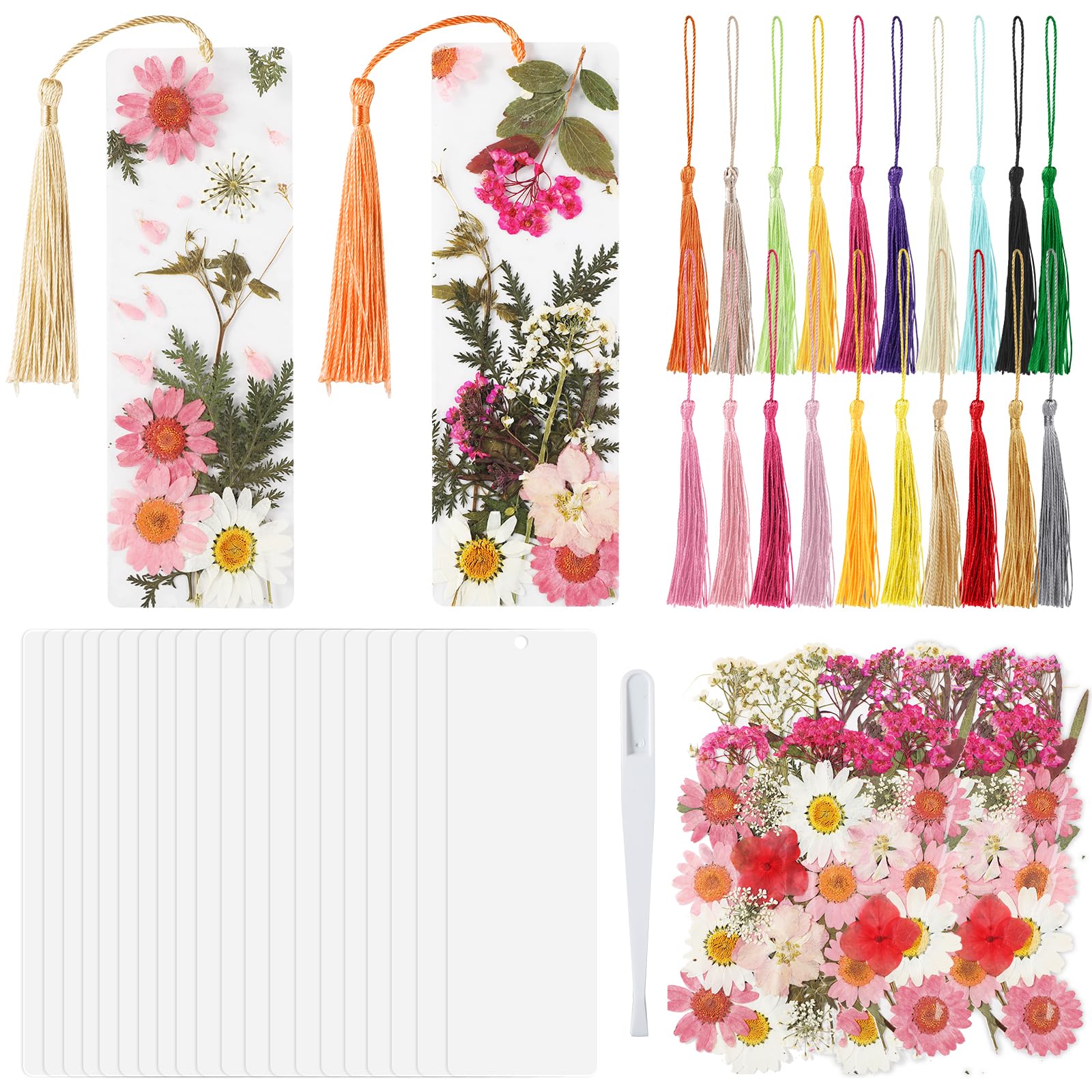 Photo 1 of 20 Sets Dried Flower Bookmark Making Kit Transparent Bookmark DIY Projects Craft Gift Bulk PET Sticker with Color Tassels and tweezer for Classroom Activities Reading Award and Book Lovers