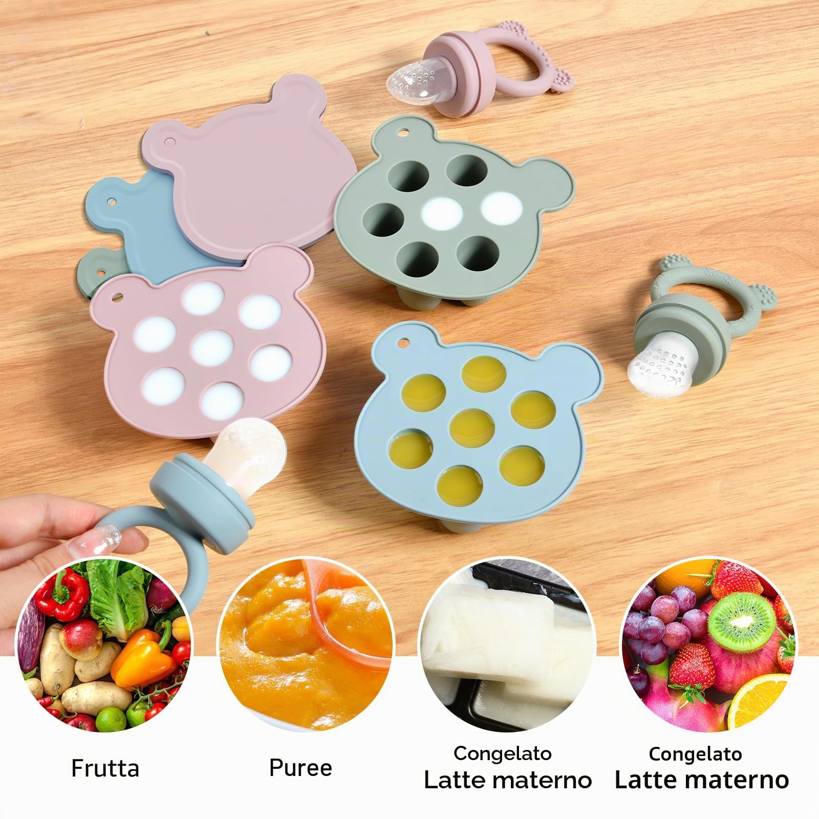 Ciuccio Per Alimenti Aolso, Ciuccio Per Frutta Alimentatore, Allevia Dolore Gengive, Vassoi Congelatore (Blu)