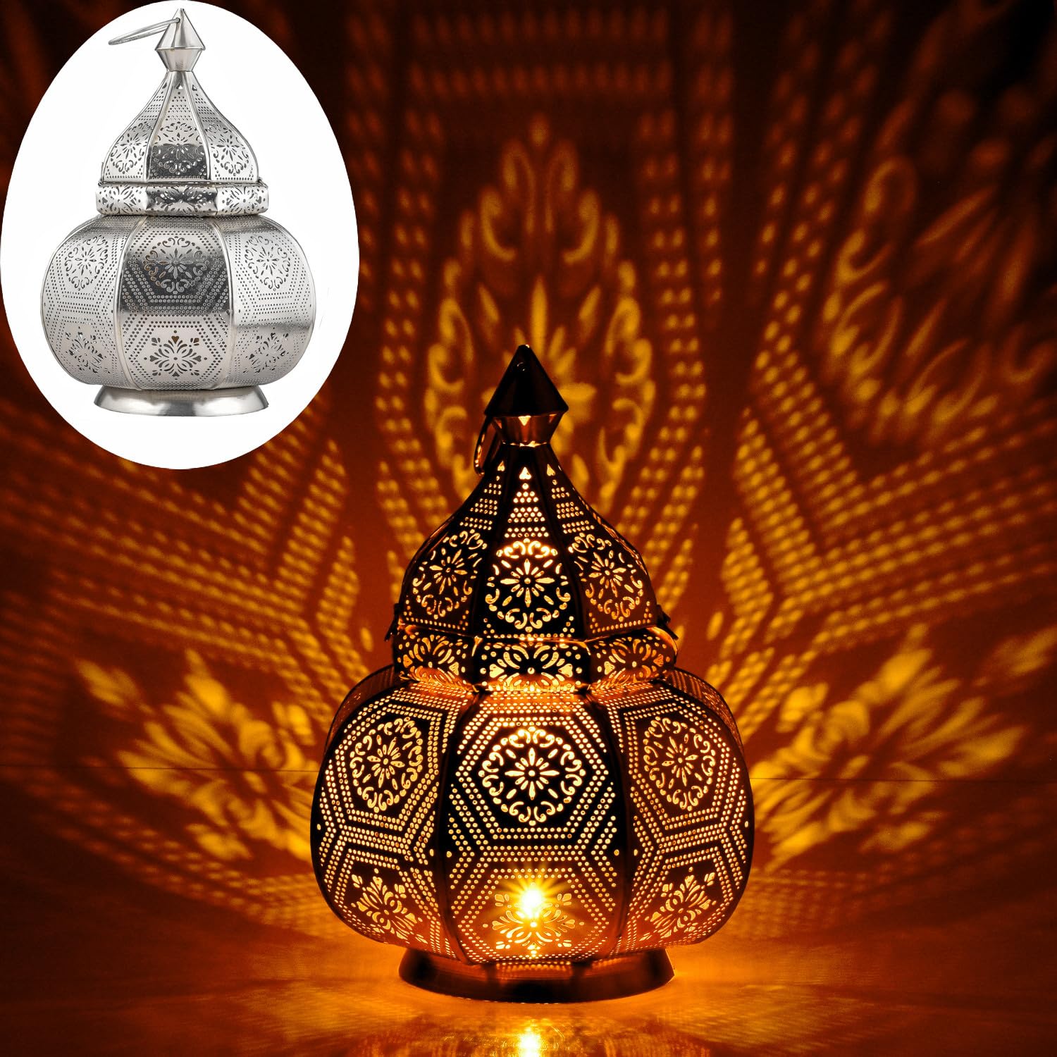 Zestaw 2 lamp i latarni Marrakeszu w jednym z metalu o wielkości 30 cm | Lampa stołowa Mahana srebrna jako orientalna dekoracja