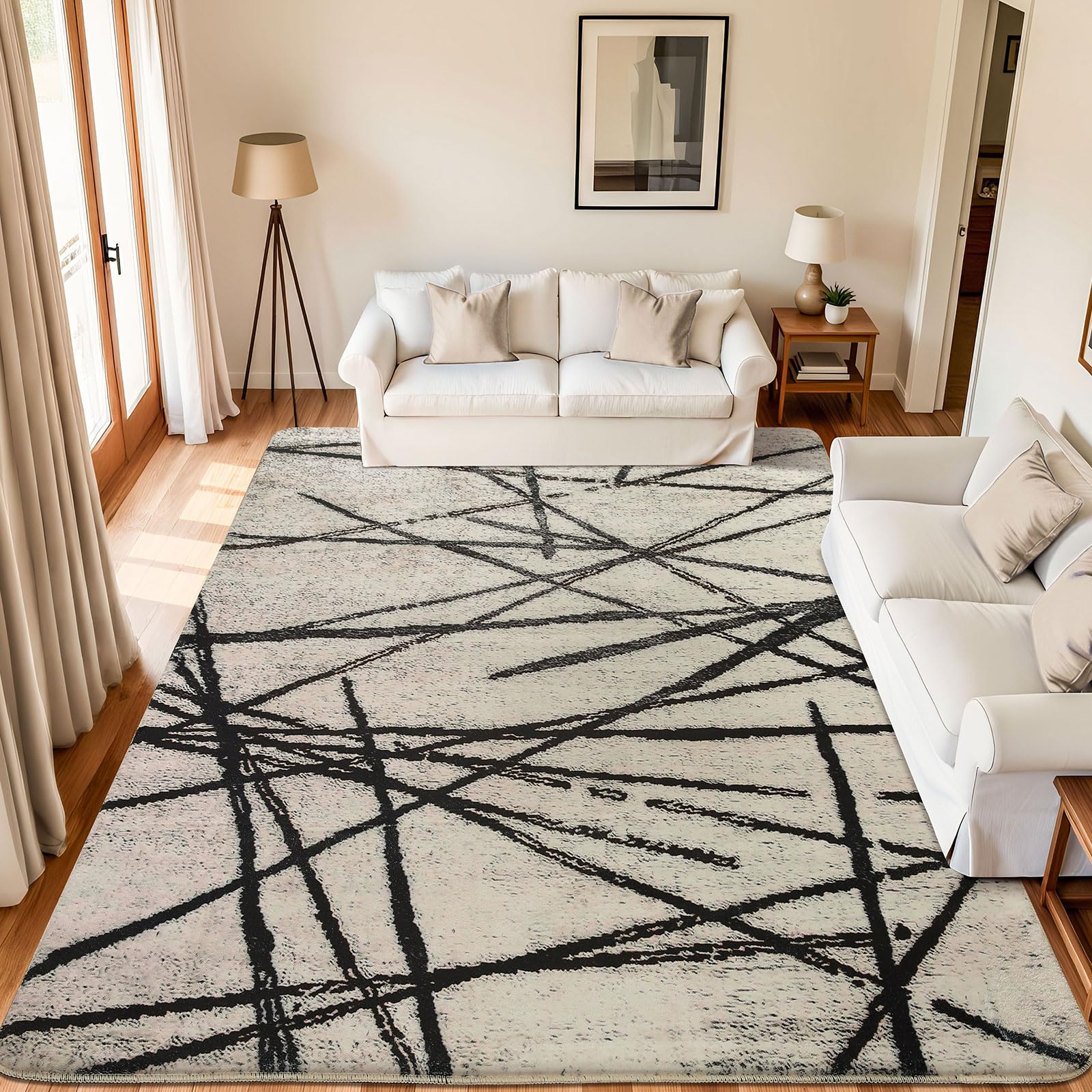 Tappeto Salotto Moderno a Pelo Corto Antiscivolo Quadro Astratto Oriental Tappeto per Soggiorno,Camera Da Letto (Beige/A righe Nero, 200 x 250 cm)