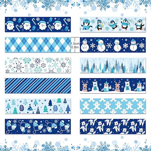 Miniatura 2 de 12 rollos de cinta Washi de Navidad de invierno, muñeco de nieve, muñeco de nieve, hombre de jengibre, cinta adhesiva decorativa de animales azules