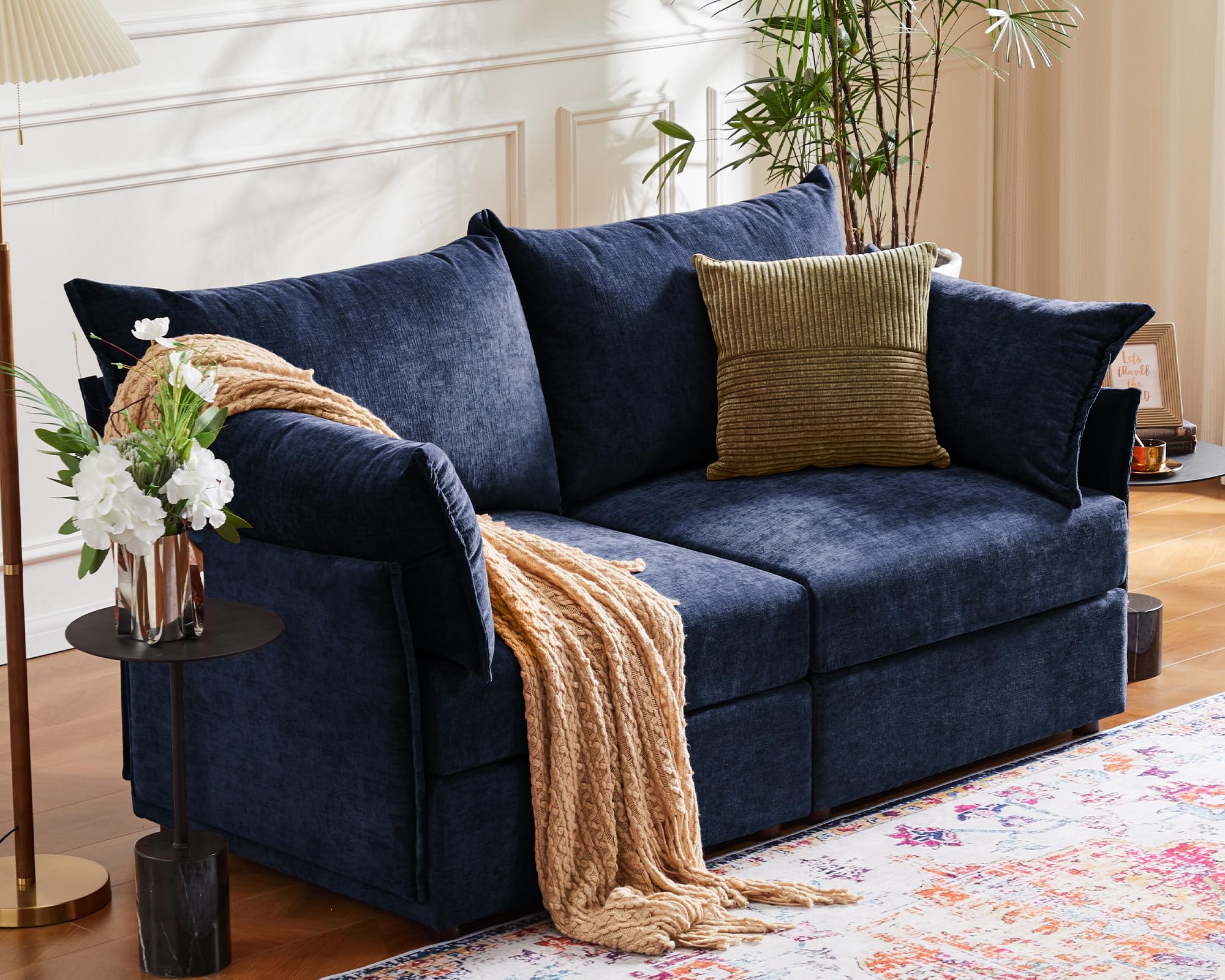 ABCASA Oversized Loveseat Sofa, Modern Modular Sectional Couch Blue Fluffy Chenille Mid Century 2-Seat 24.5" Deep Seat for Apartment, Living Room,