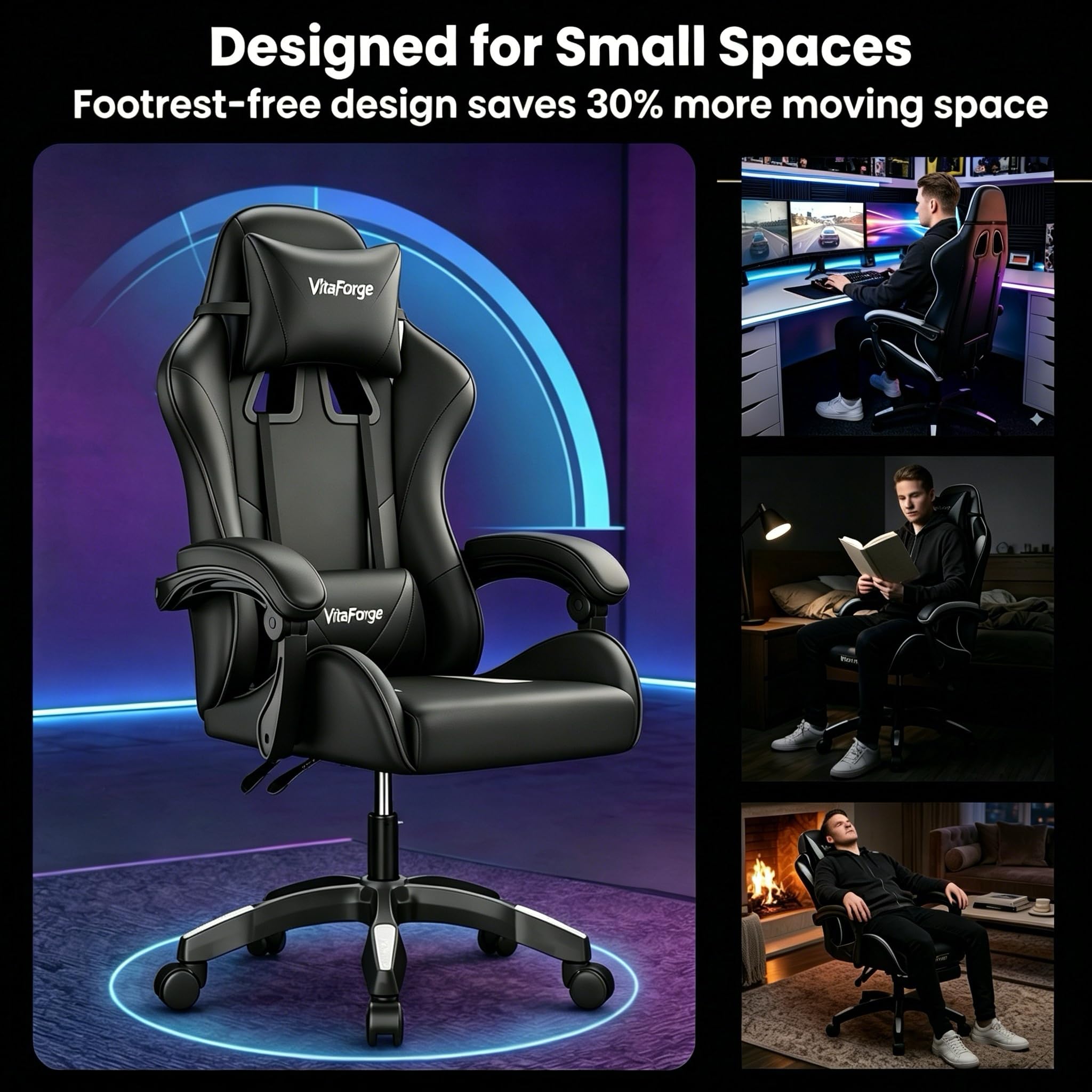 EaseZen Fauteuil Gaming, Fauteuil Bureau avec Support Lombaire Dynamique, Hauteur réglable et accoudoirs, pivotant à 360°, Chaise de Jeu rembourrée pour la Maison et Le Bureau(Noir)