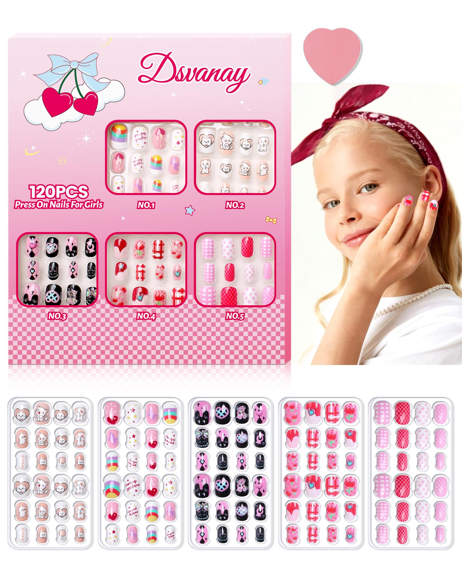 120 Pieces 5 Pack Press on Nails for Kids Pre-teen Years,Tweens Girls Soft Fake Nail Kit, Reusable Creative Design kids Nails, Full Cover Glitter