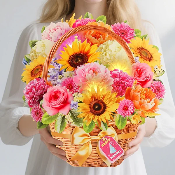 XTF2015 Birthday Cards with MUSIC & LIGHTS, Happy Birthday Card, Peony & Daisy, 11 Inch Life Sized Forever Flower Bouquet 3D Pop Up Music Cards for Mom Daughter Women Wife