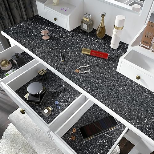 Miniatura 6 de Kitico Papel tapiz negro con purpurina para despegar y pegar, papel de contacto negro con purpurina negra, papel tapiz autoadhesivo de 17.7 x 393.7