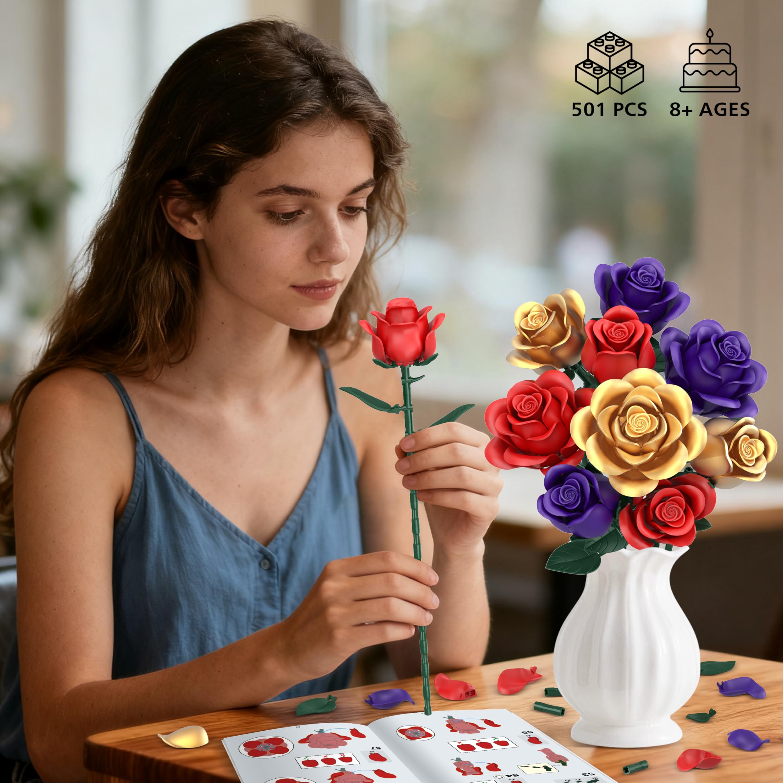 NAYIHOOP Flowers Bouquet Building Sets Red Rose Botanical With Vase For Adults Girls Compatible With Lego - View #4