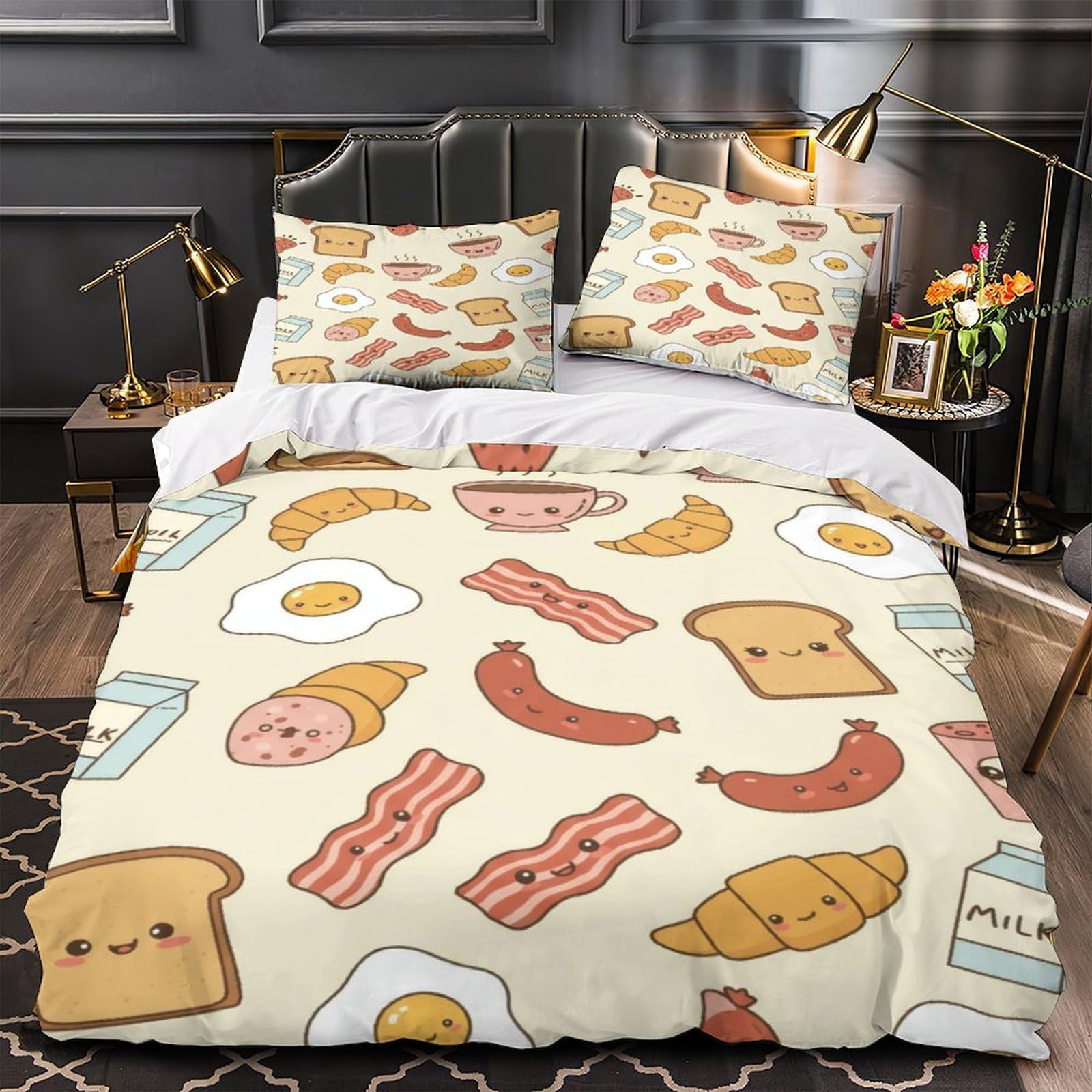Housse de couette petit-déjeuner kawaii 140x200 anti-acarienne pour lit 1 personne