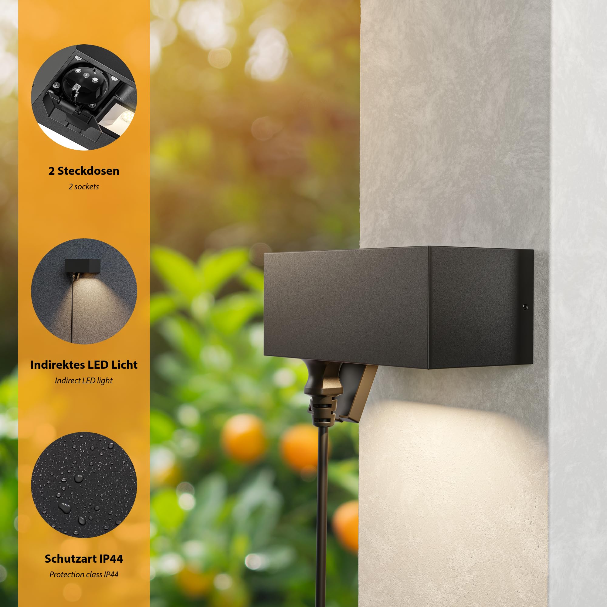 ledscom.de 2 prese a muro WAST per esterni, IP44, doppia, nero, con faretto LED integrato, 430 lm, bianco caldo