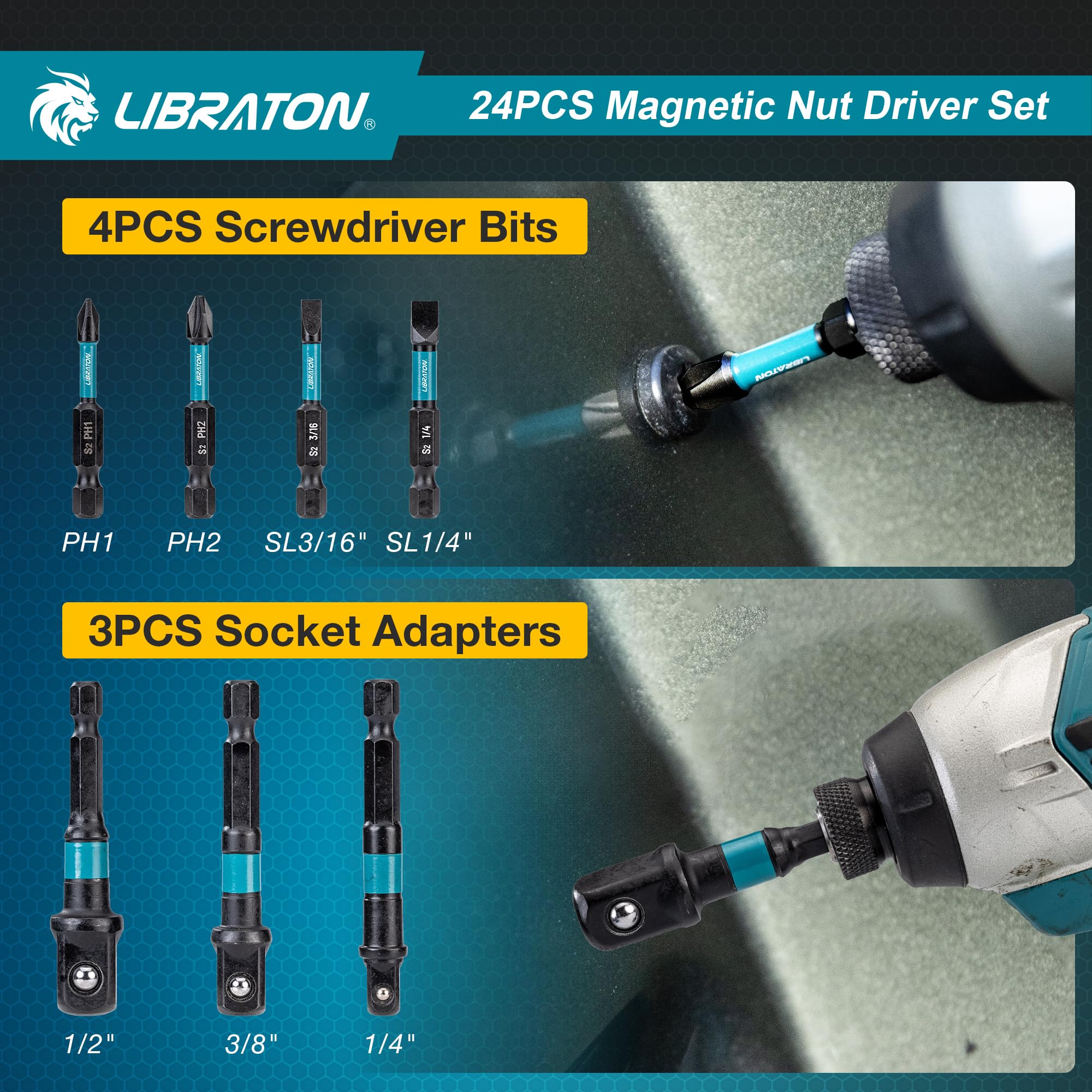 LIBRATON 24PCS Magnetic Nut Driver Set, Impact Drill Driver Bit Set 1/4" - Image 3