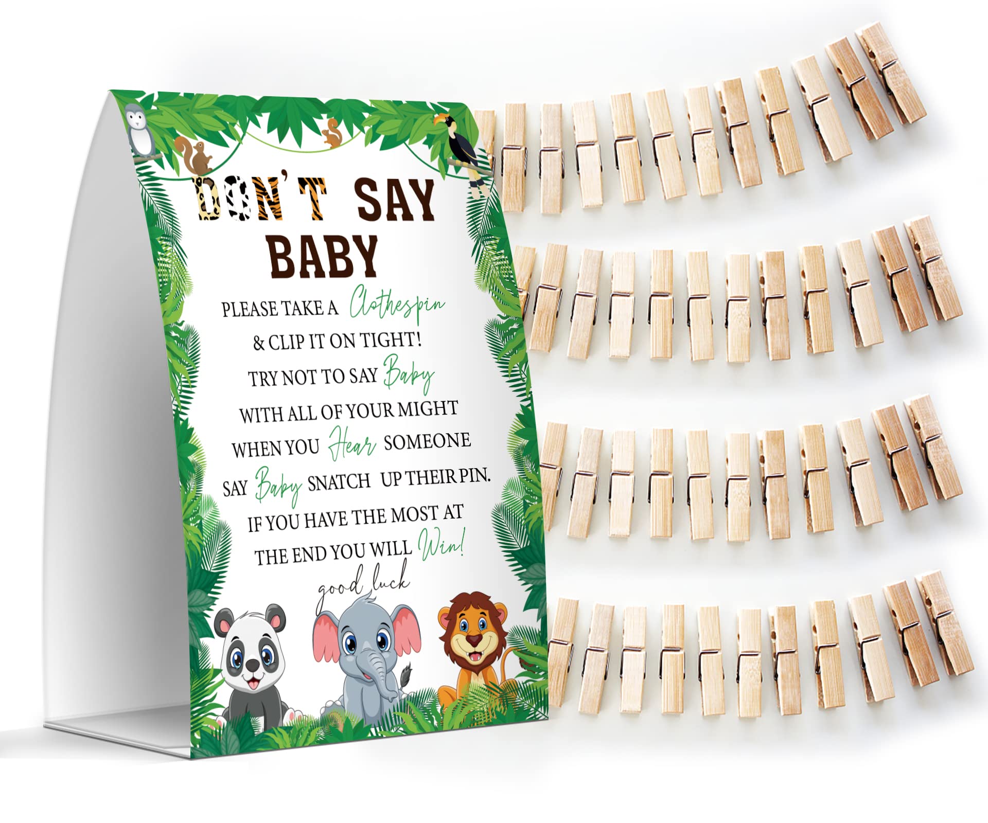 Don't Say Baby Set - One 5x7 Sign and 50 Mini Clothespins, Baby Shower Games, Baby Shower Decoration, Gender Neutral Baby Shower - MsJb022
