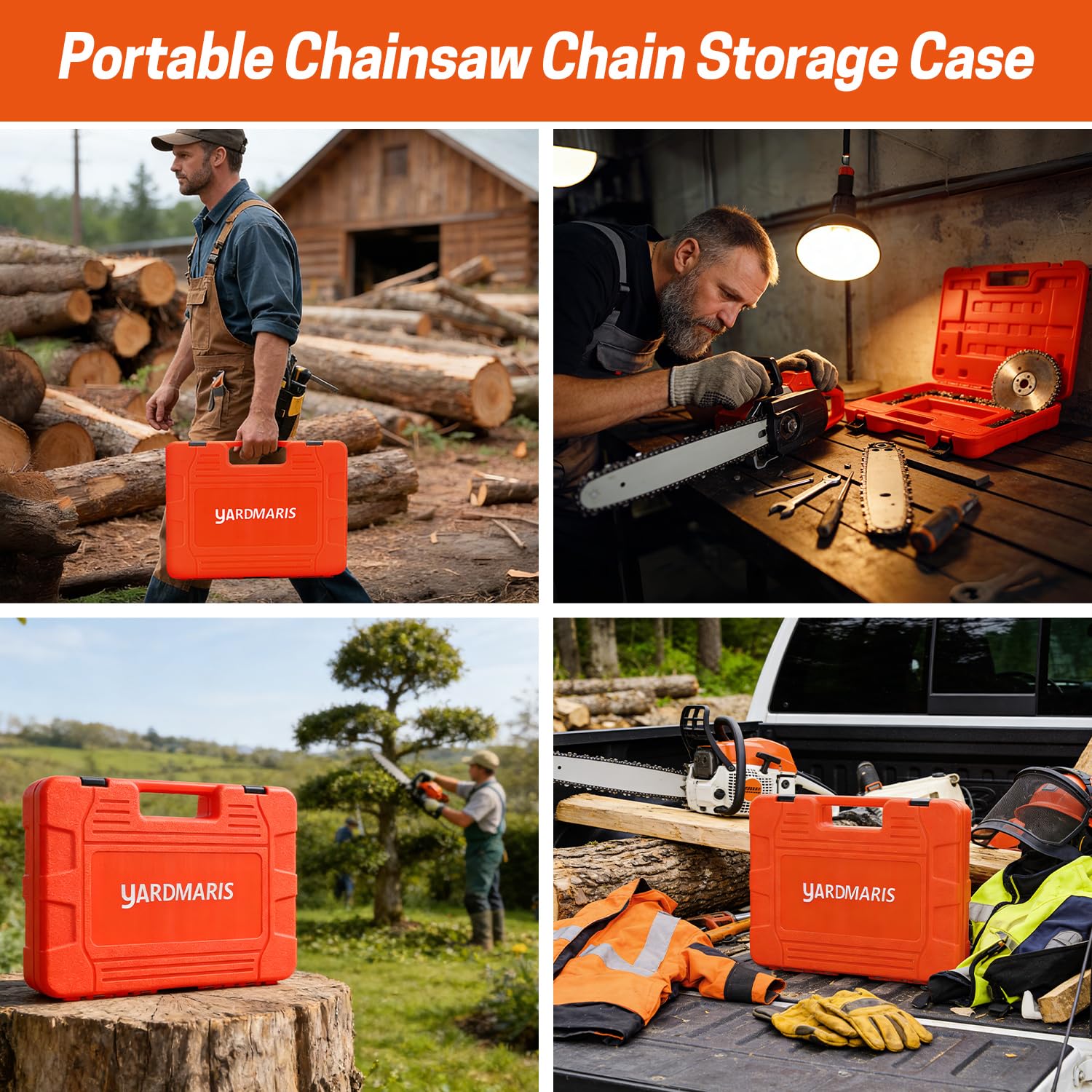 Aufbewahrungsbox für Kettensägenketten - Universale Organizer-Box bis 50 cm Klingenlänge, tragbare Chainsaw Sägekettentasche mit Verhedderschutz in Orange