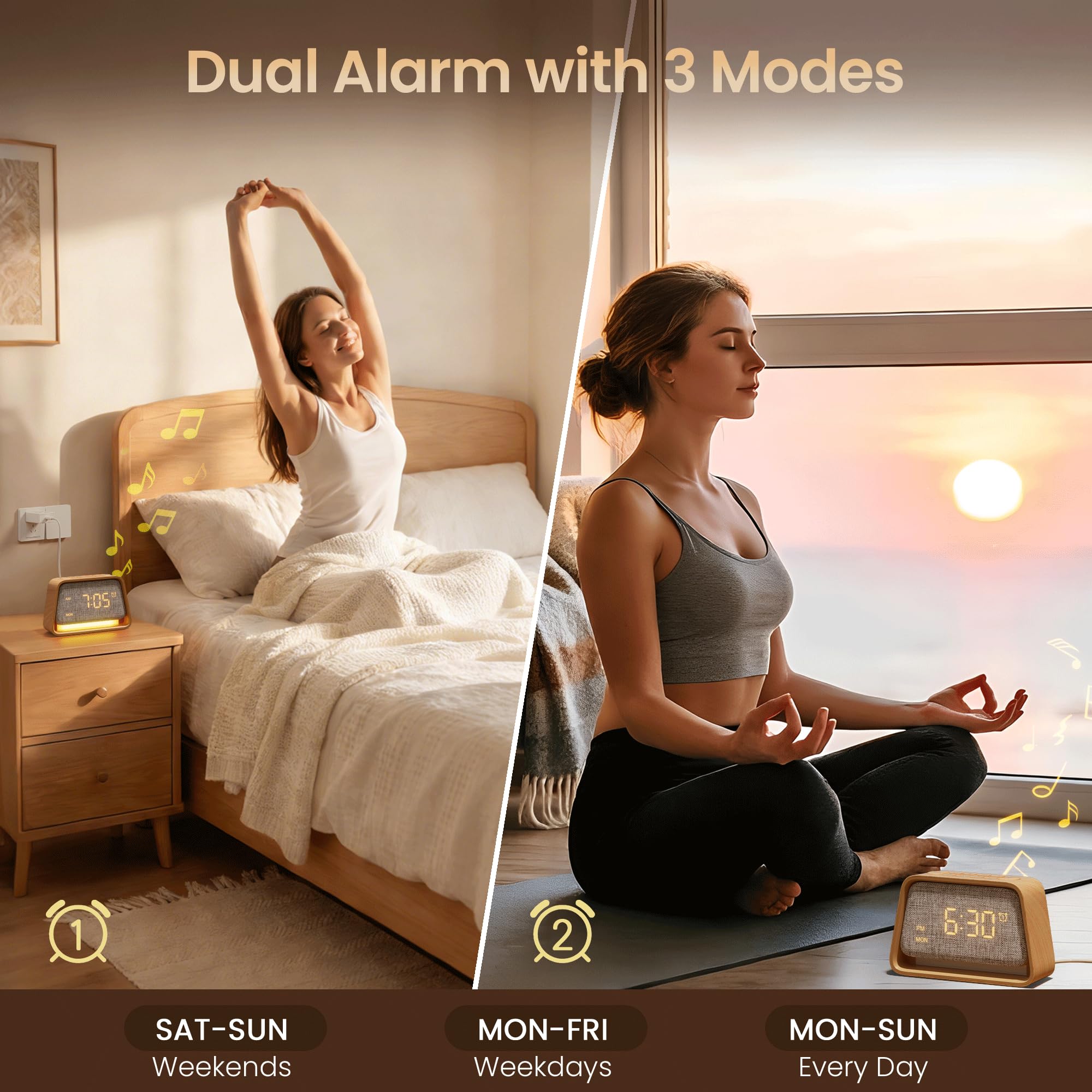 blonbar Réveil, réveil 3 en 1 avec veilleuse, aide au sommeil avec 10 bruits blancs et 10 sons naturels, lampe de table réglable à 3 niveaux pour chambre à coucher, chambre à coucher