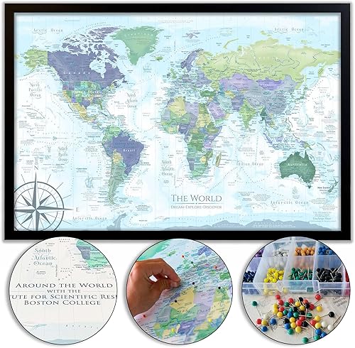 Miniatura 1 de World Map Pin Board for Wall, Labeled countries, Cultural & Historical Sites, Handcrafted in USA with Canvas & Frame Options, Track Travels - View