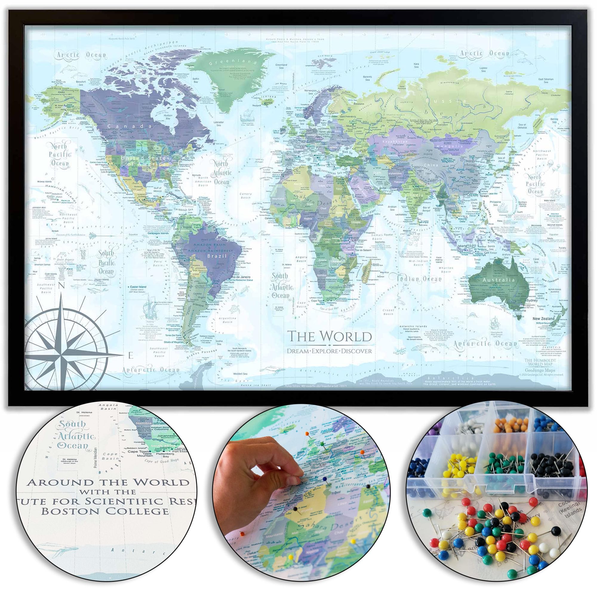 Custom Push Pin World Travel Map with Pins - Large Wall Art Stretched Canvas, Rolled Poster, or Framed Map - Humboldt Handmade Custom Map Pinboard Home Decor…