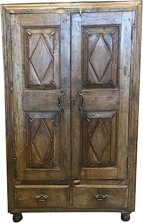 Antique Cabinet Armoire with Drawers, Indian Colonial Teak Wood Handcarved Wardrobe 60x36