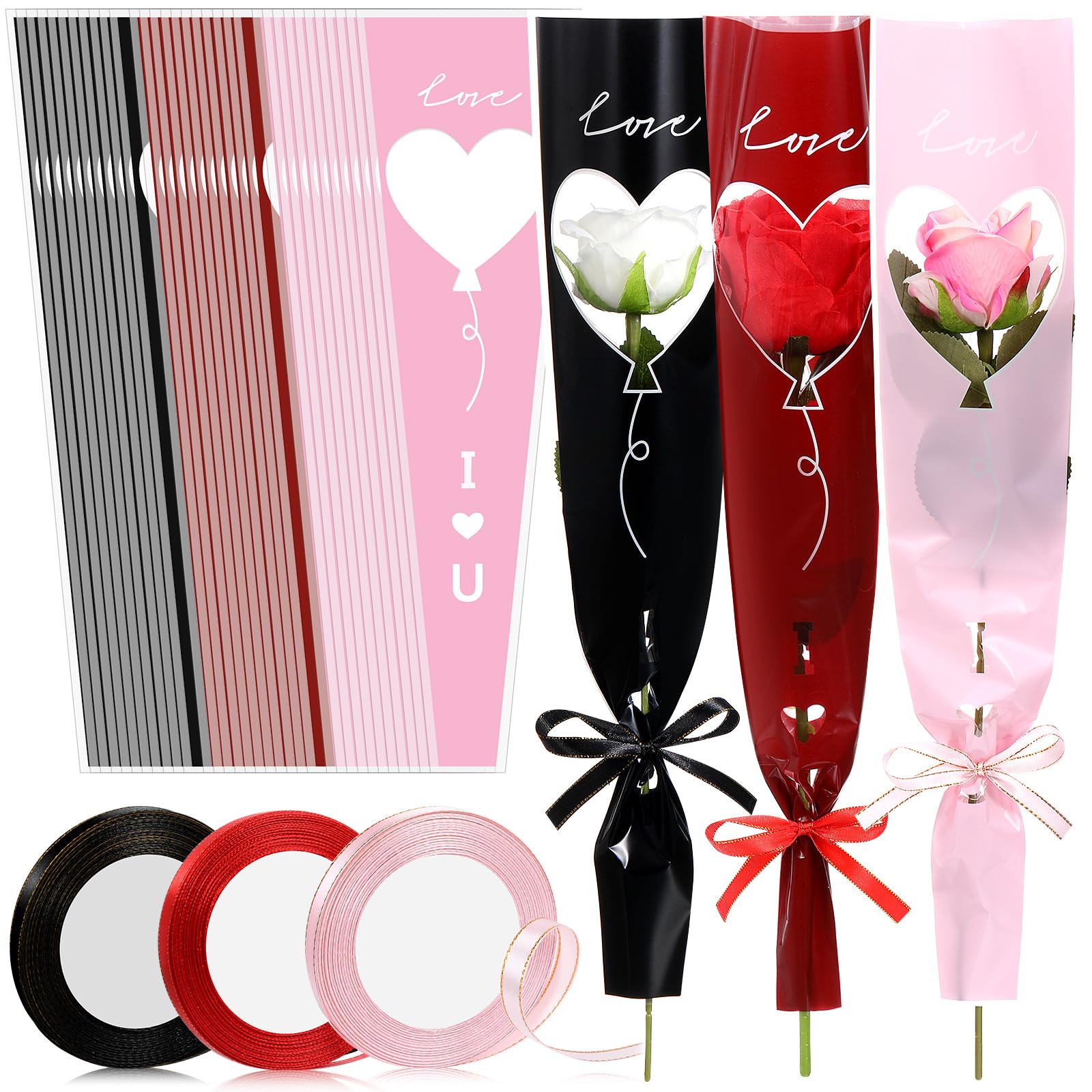 Jutom 300 Pcs Single Flower Sleeves Wrapping Bags Florist Bouquet Supplies with 3 Polyester Satin Ribbon for Floral Anniversary Wedding Mother's Day