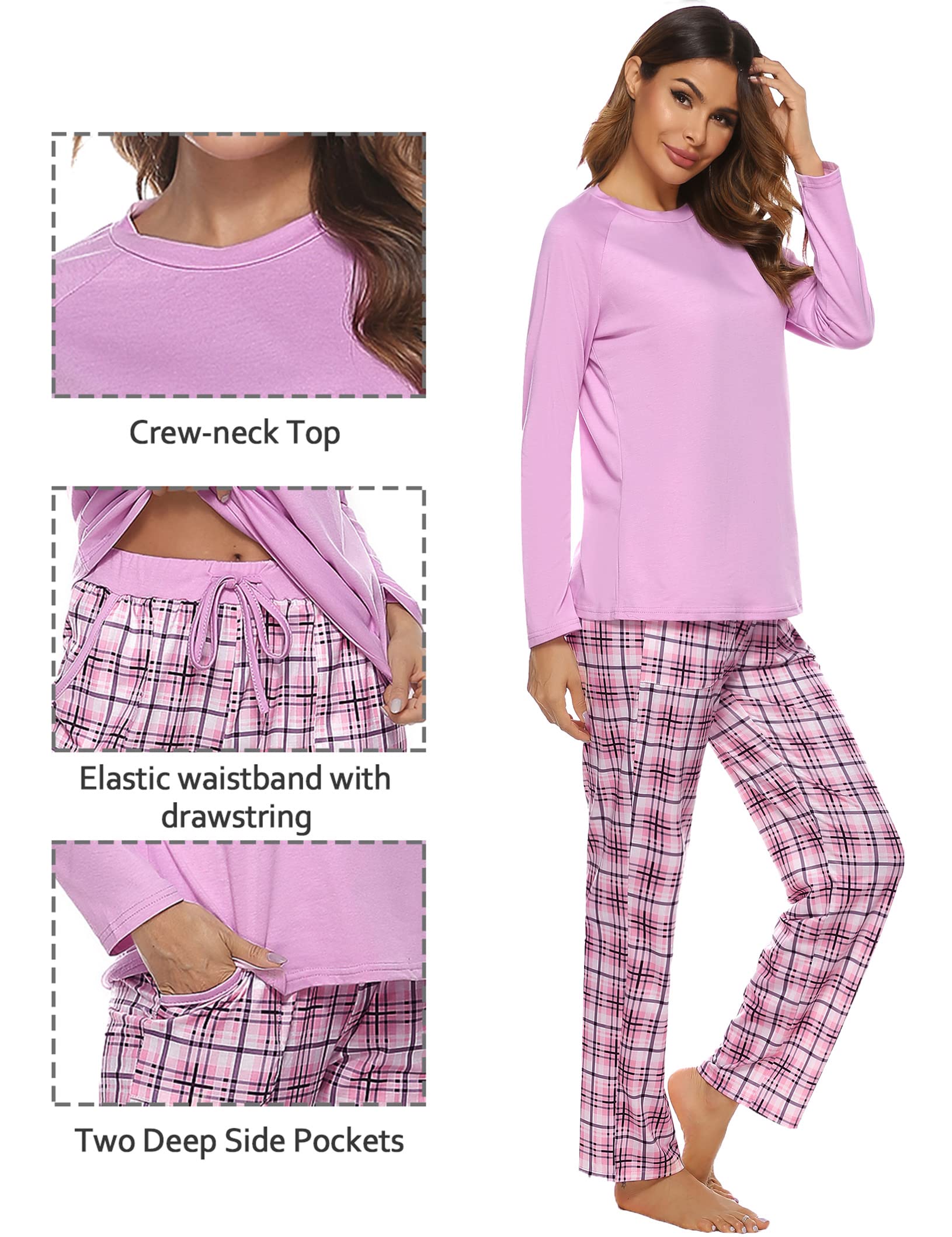 Uniexcosm Pigiama Donna, Pigiama a Quadri Donna Lungo Pigiama da Donna Cotone Leggero con Girocollo Pigiama 2 Pezzi Donna con Tasca Sciolto Accogliente per Casa e Casuale