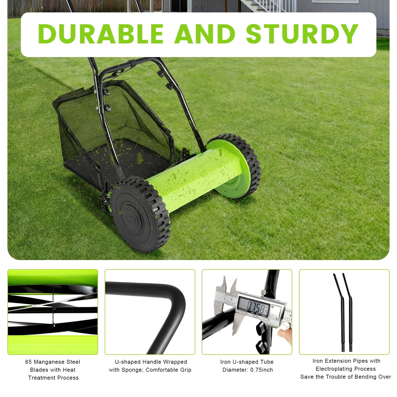 Cortacésped Manual con Carrete de Empuje, cortacésped de Carrete de 5 Cuchillas de 12 Pulgadas con recogedor de césped, Altura Ajustable, cortacésped Compacto para Espacios pequeños, jardín y 14inch