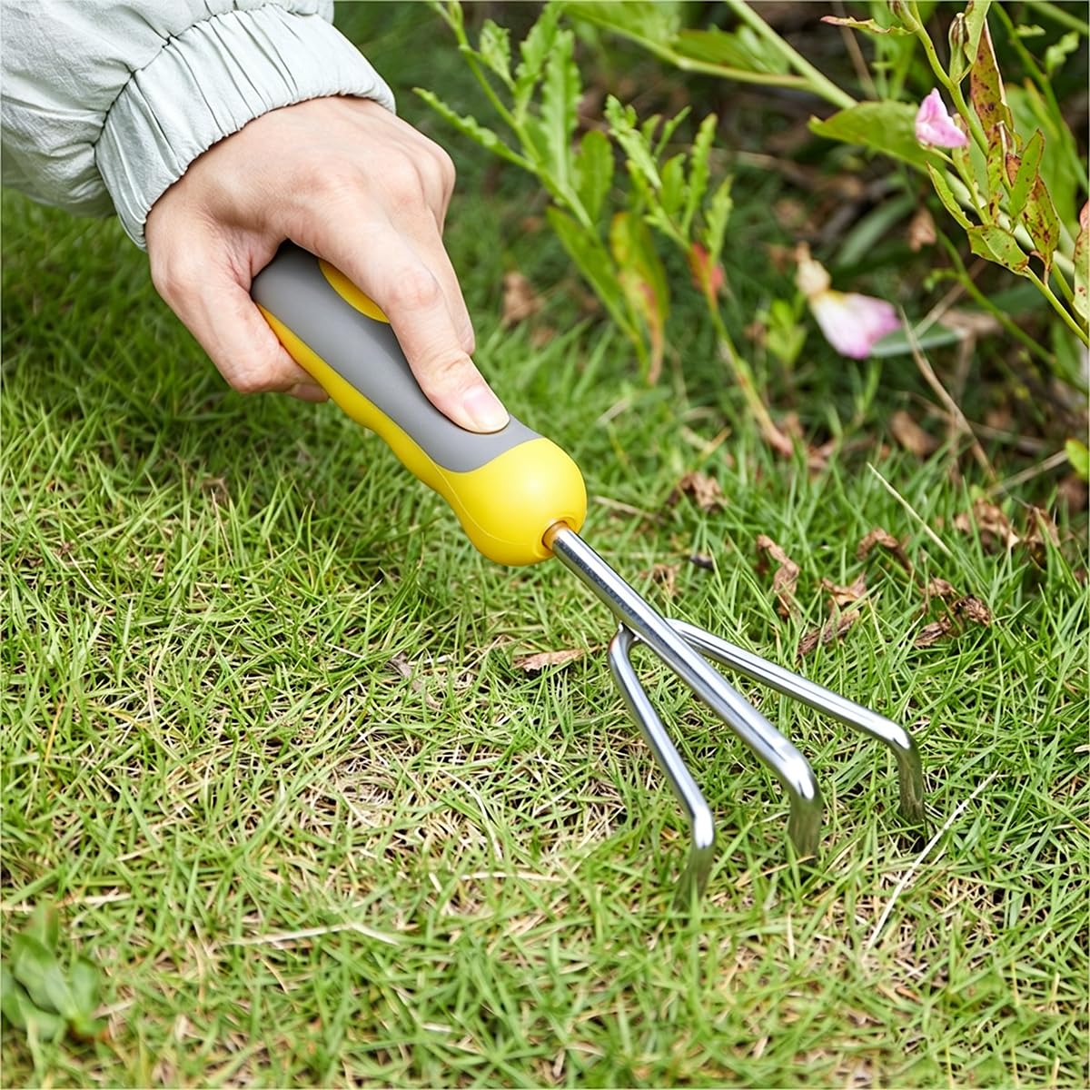 Set di attrezzi da giardino, 10 pezzi, giallo, in acciaio inox, con manici in TPR, guanti antiscivolo e pratica custodia, per uomo e donna