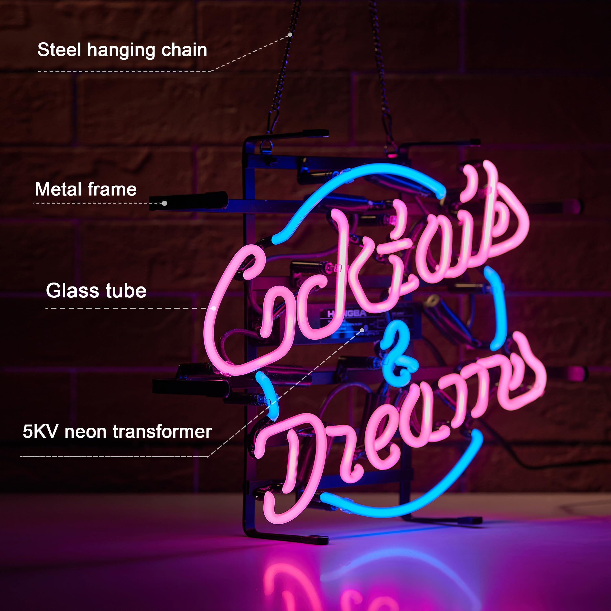 Cocktails and Dreams Glass Neon Signs Beer Bar Club Bedroom Glass Neon Lights Sign for Office Hotel Pub Cafe Wedding Birthday Party Man Cave Neon Light Art Wall Lights