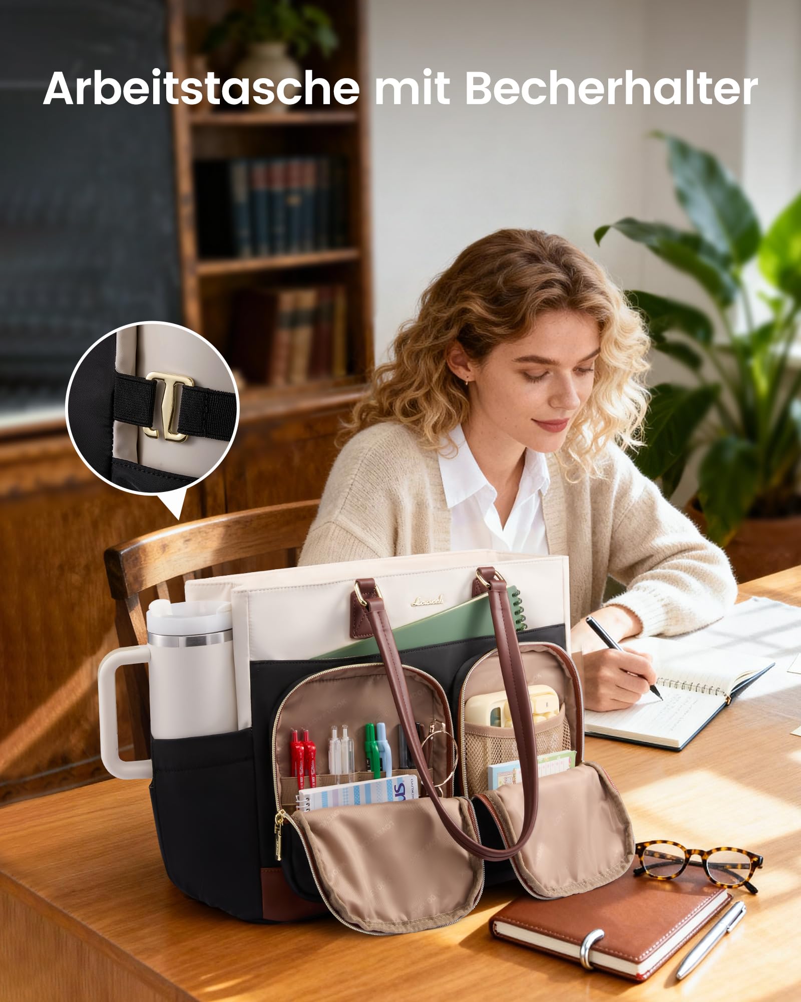 LOVEVOOK Elegancka torebka damska, duża, z izolowaną kieszenią chłodzącą, torba robocza, torba na laptopa o przekątnej ekranu 15,6", z wieloma przegródkami, torba nauczycielska, aktówka, torba na