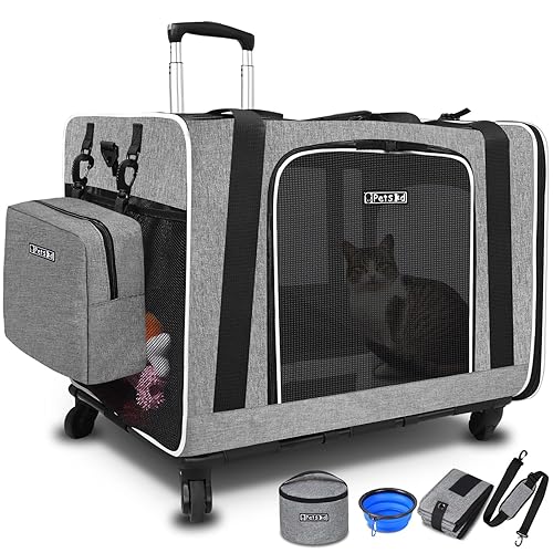 Petskd Extra Large Cat Carrier with Wheels and Litter Box 24"x17"x17" for Large Cat or 2 Small Cats, Collapsible Soft Sided Pet Carrier for Car Travel with Lockable Safety Zippers(Grey) - Grey(A carrier with litter box and wheel)
