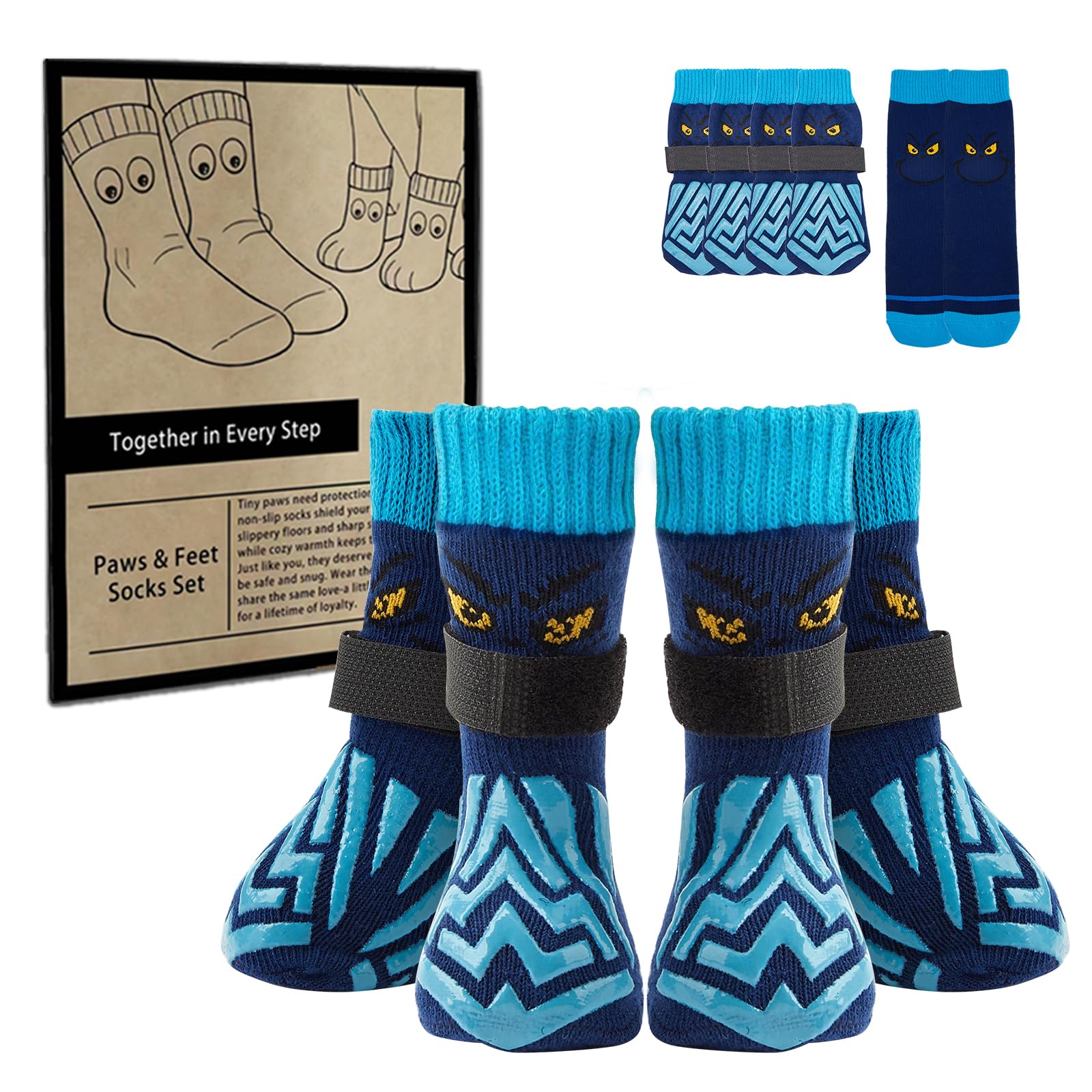 COOHAMS Dog Socks Paws Stop Licking & Owner Sock Set, Non-Slip Dog Socks with Grips, Paw Protection for Senior & Active Dogs (Blue, L)