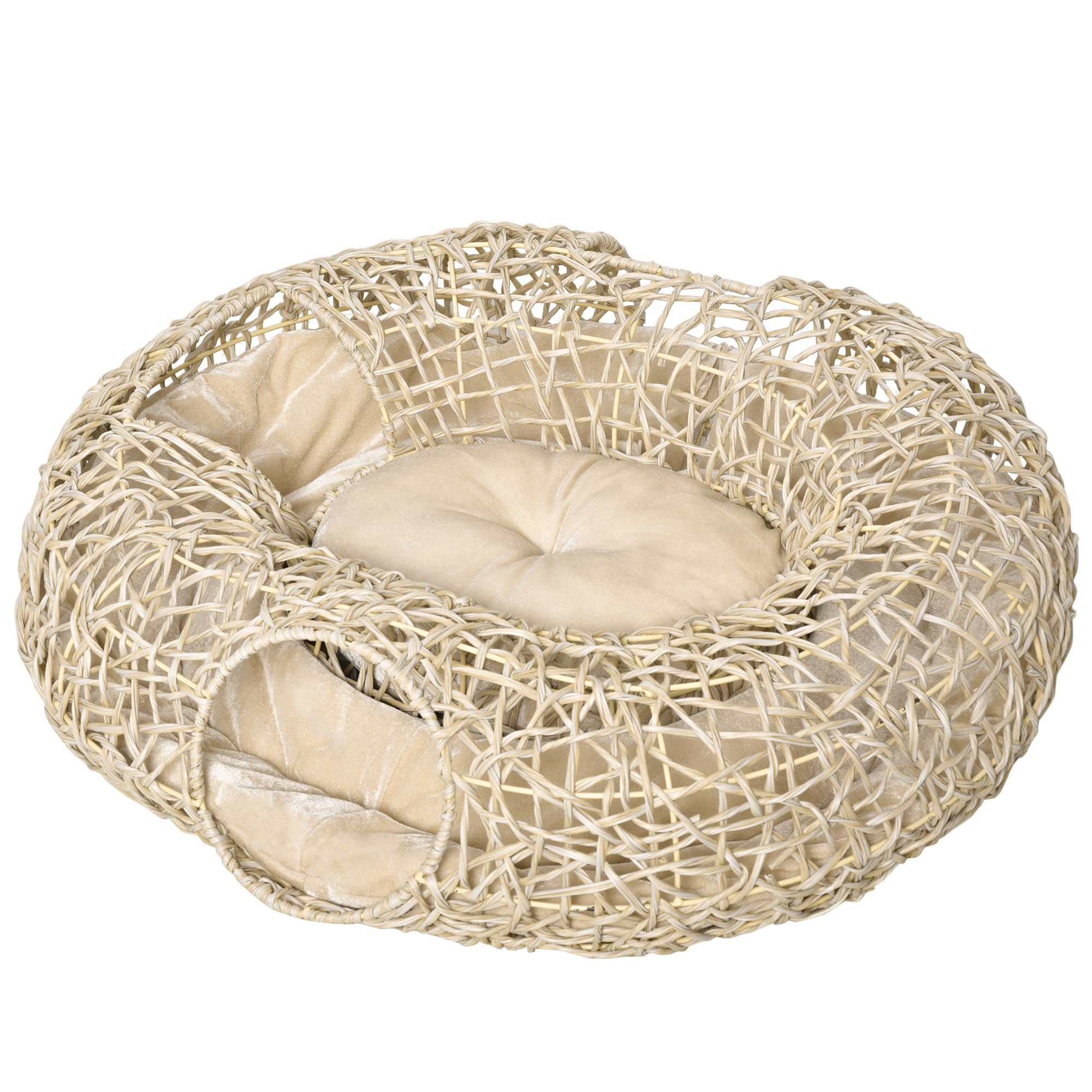 PawHut Cama de Ratán para Gatos 78x69x22 cm con Cojín Suave, 3 Orificios de Acceso y Túnel de Madera Natural