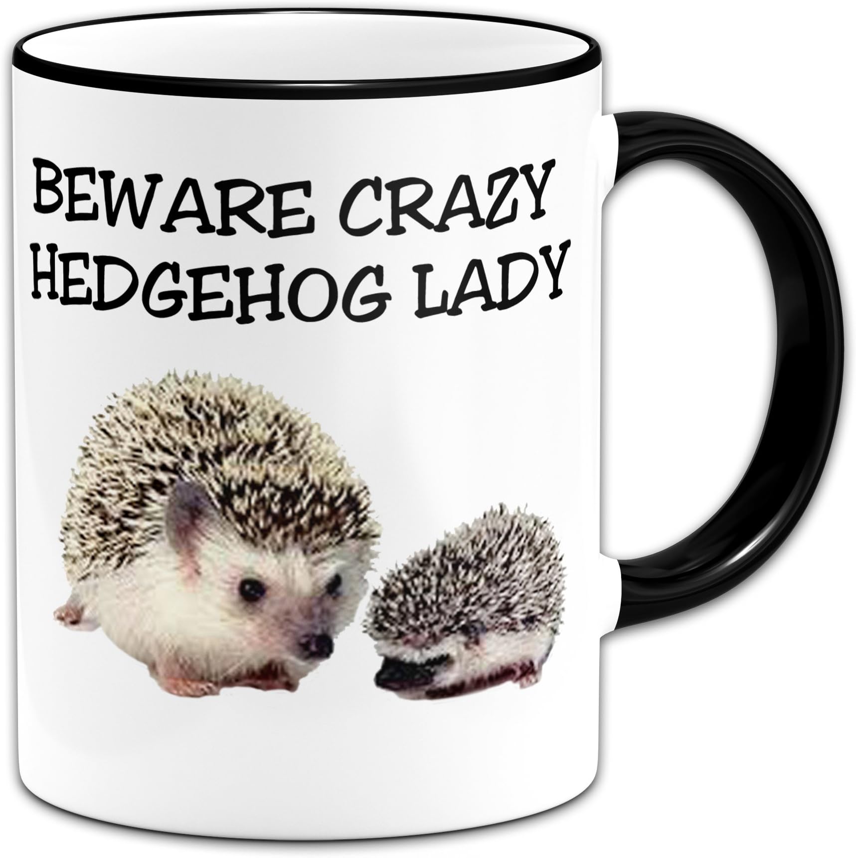 Ceramic Beware Crazy Hedgehog Lady Novelty Gift Mug - Black Handle/Rim
