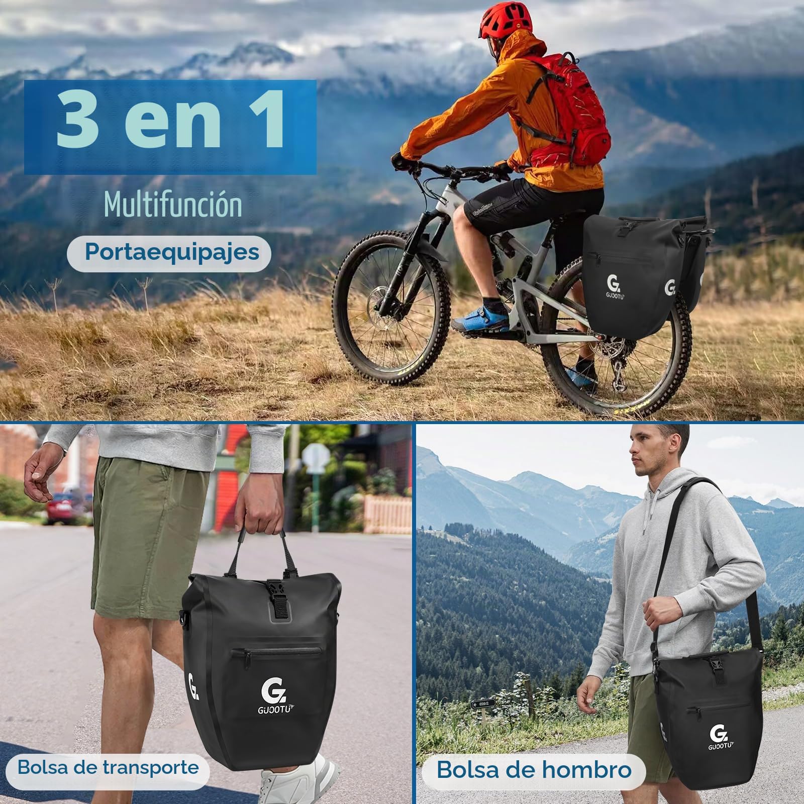 GUOOTU Juego de 2 alforjas para portaequipajes de 48 L, de lona trasera, con reflectores, con asa y correa para el hombro (negro, 24 L, 2 unidades)