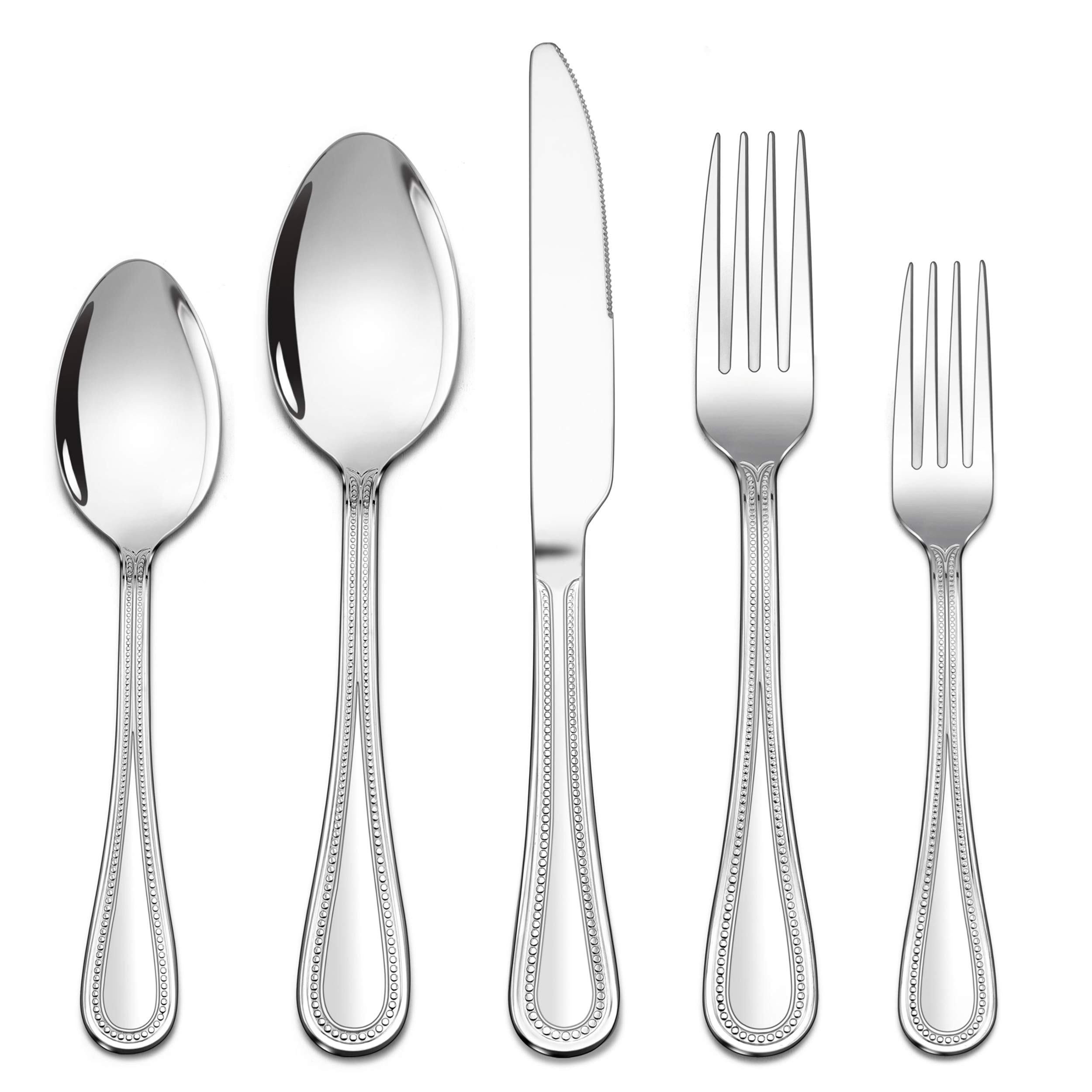 LIANYU Silverware Flatware Set for 8, 40-Piece Stainless Steel Eating Utensils with Pearled Edge, Cutlery Tableware for Home Kitchen Restaurant Party, Mirror Finished, Dishwasher Safe