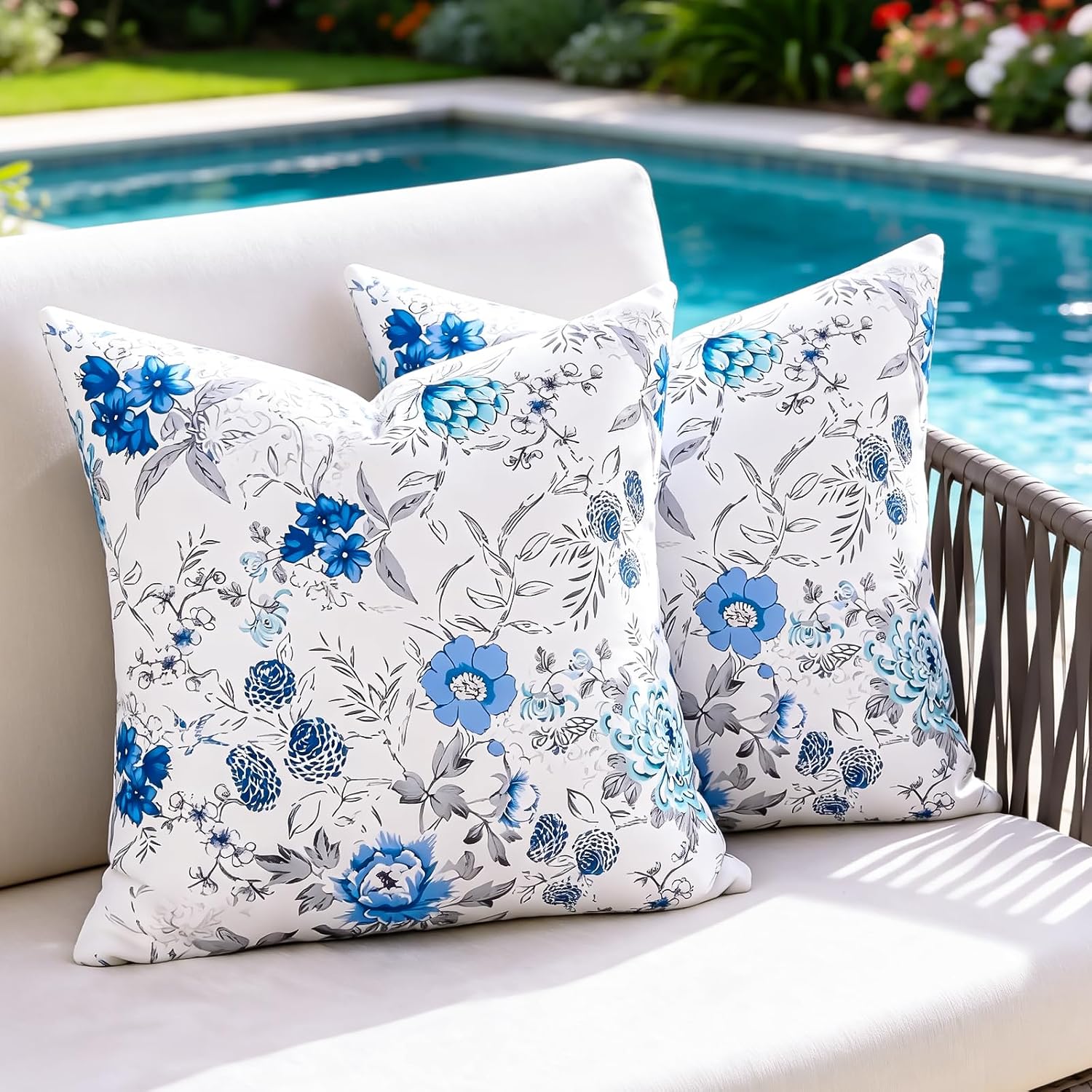 Outdoor Waterproof Pillow Covers Decorative Floral Throw Pillow Covers 16x16 Inch Set of 2 Summer Blue Accent Pillows Garden Cushion Covers Outside Decor Throw Pillowcase for Sofa Patio Tent Garden