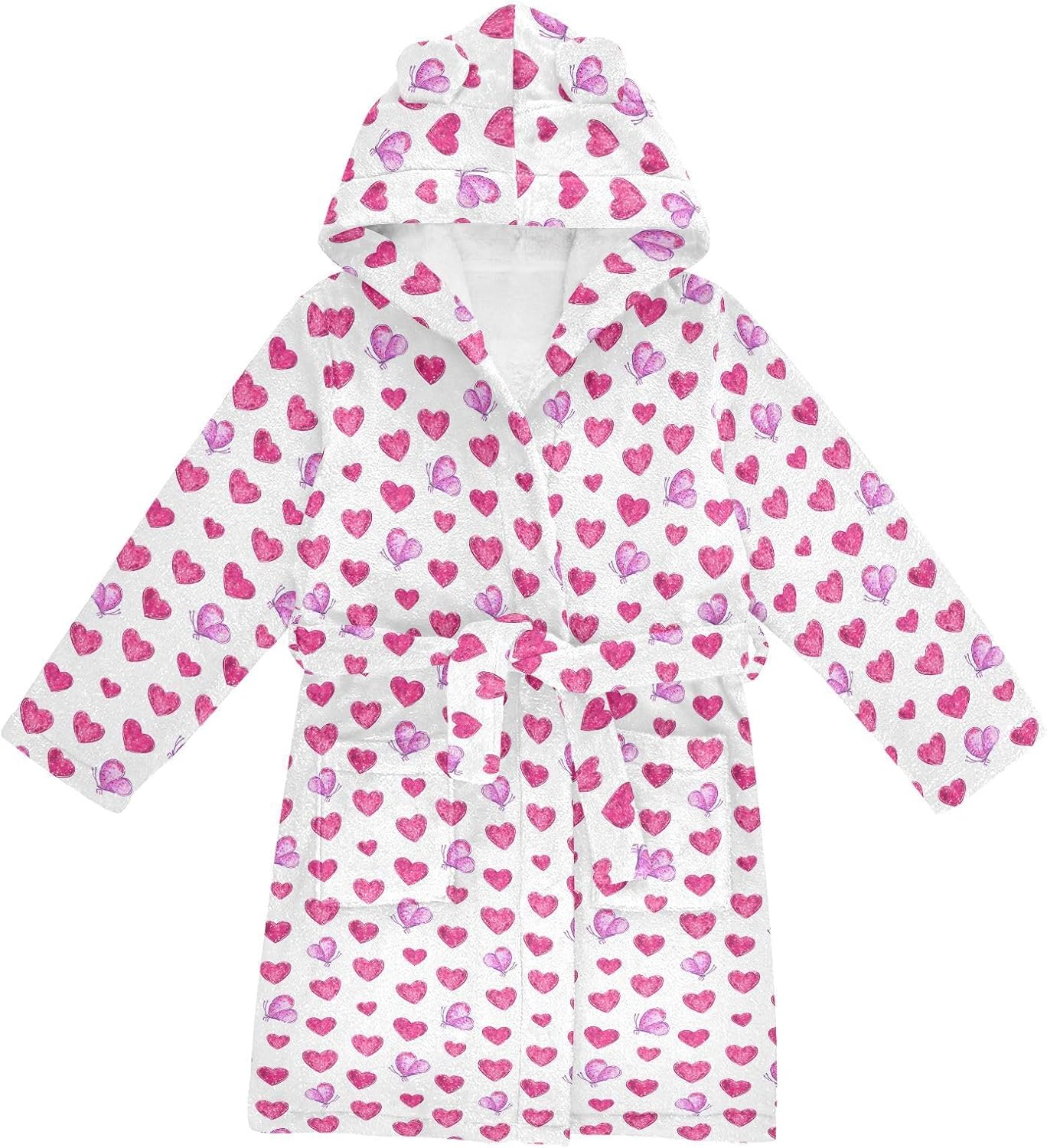 senya Hearts and Pink Butterflies Toddler Hooded Bathrobe Kids Soft Plush Bath Towel Robes for Boys Girls 2-12 Years