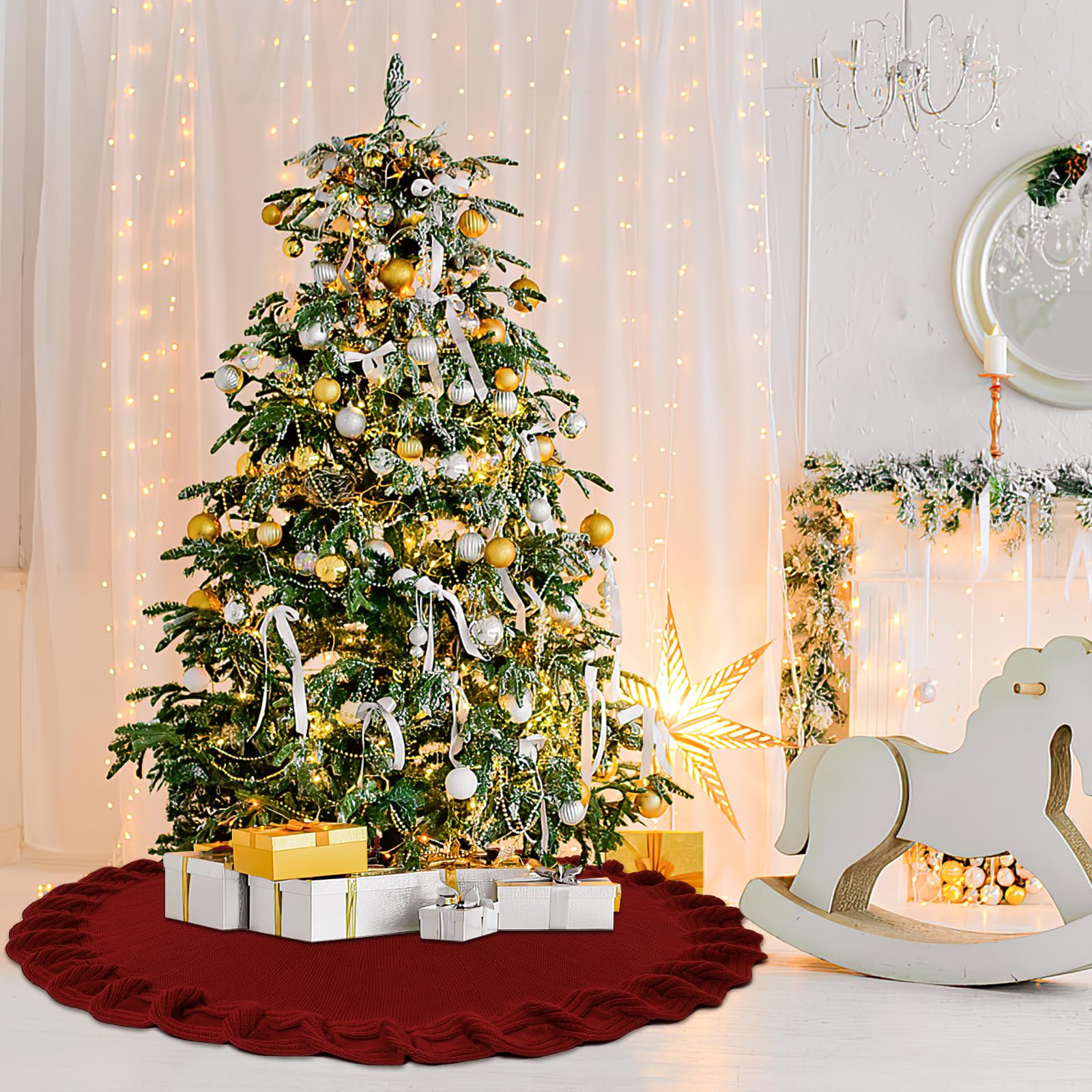 UXORSN Kerstboomdeken, rok, 92 cm, gebreide kerstboomdeken, rond, bordeauxrood, geweven ruitpatroon, kerstboomdeken, grote kerstboomstandaard, kerstboomtapijt voor thuis, vakantie, kerstdecoratie
