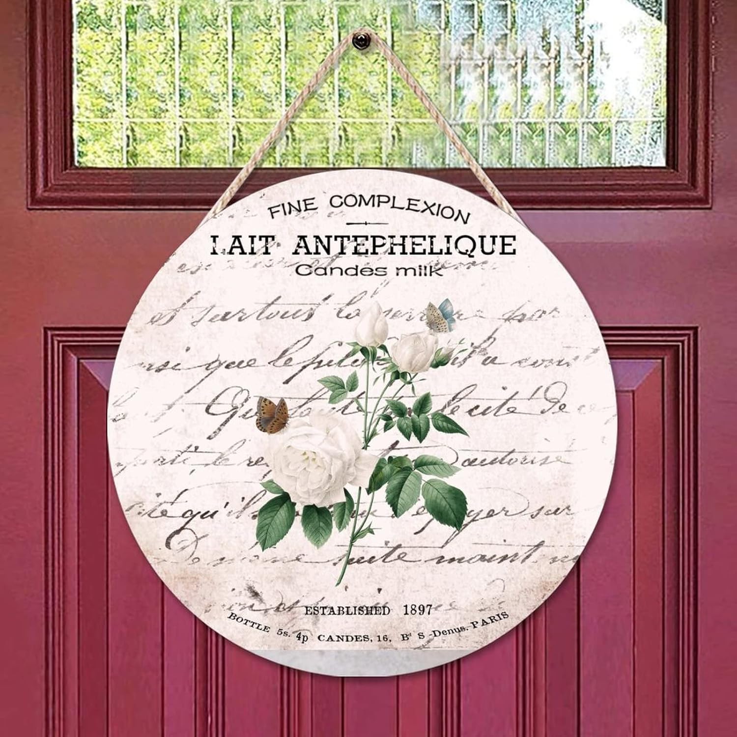 French Vintage Flower Wood Door Sign, Vintage Front Door Sign, 16x16in Rustic Wall Door Hanging Sign for Front Door Farmhouse Porch Housewarming Gifts