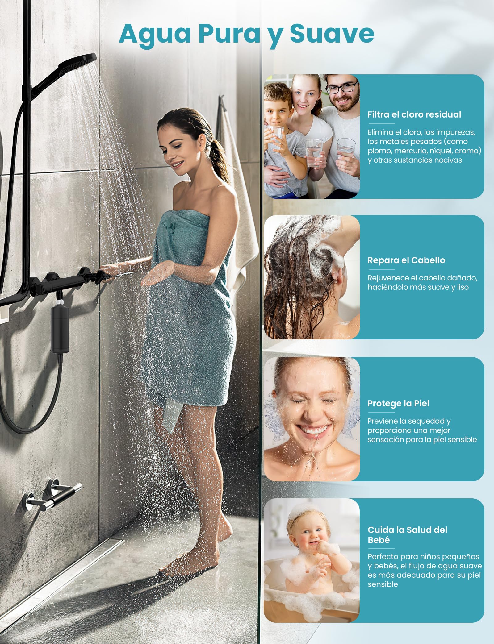 Filtro de Ducha de 32 Etapas con Vitamina C, MEKO Filtro Antical para Agua Dura, Filtro con Cartuchos Reemplazables de Purificación Multietapa para Eliminar Cal, Cloro Residual (Negro)