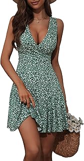 Women's Summer Sleeveless Sexy Wrap V Neck Floral Sundress Mini Dress - Buy now