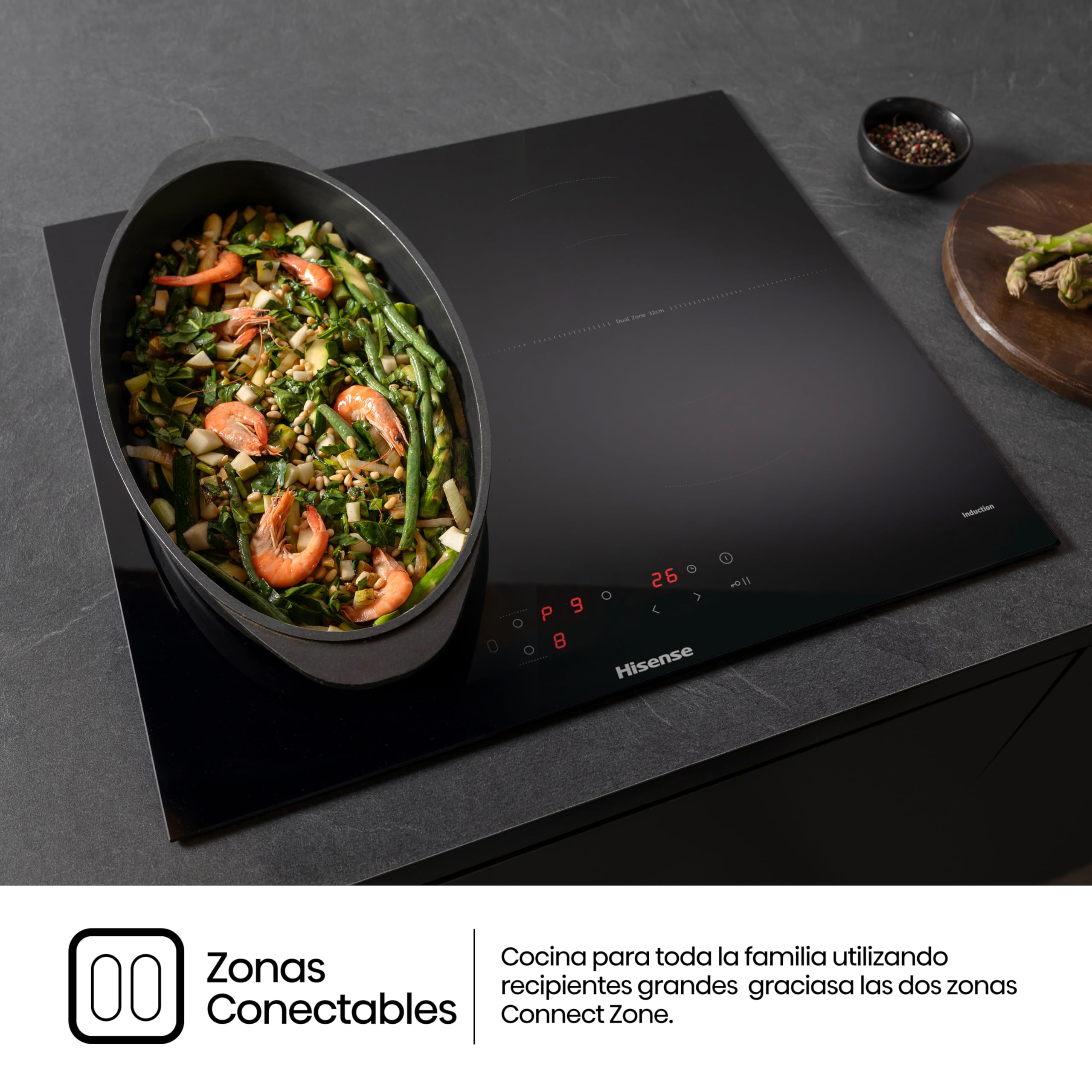 Hisense HI6321BSCE - Placa Induccion, Vitroceramica, 3 Fuegos, 7200W, Calentamiento Rápido Power Boost, Contol Táctil, Zona Expandible