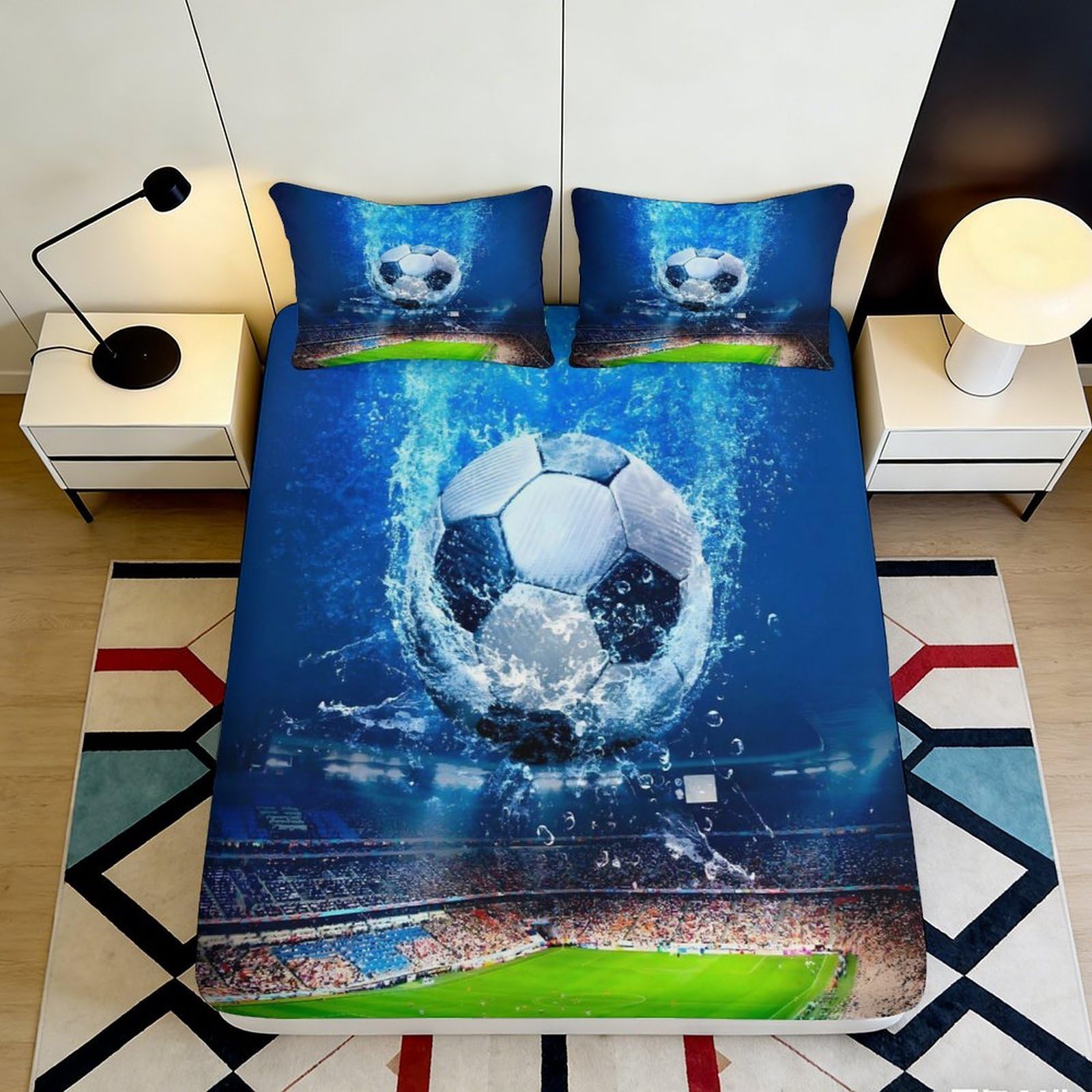 3D Printed Football Splash Fitted Sheet Microfiber Soft Breathable Soccer Stadium Bed Sheet for Bedroom Dormitory Guest Room Mattress Protection Decor 140x200x25cm