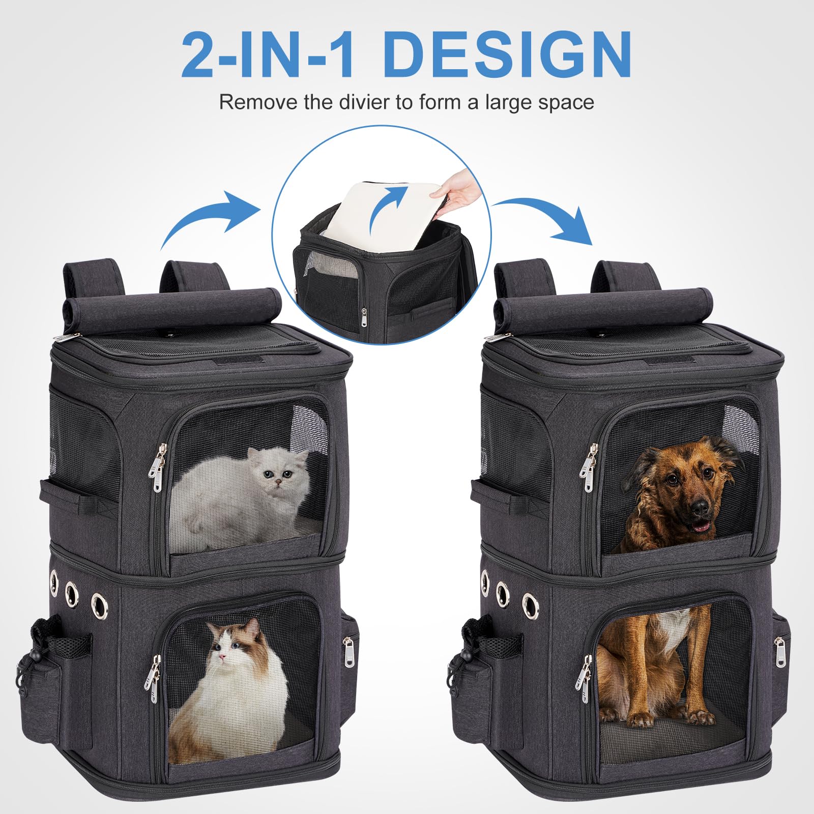 Zaino 2 in 1 per gatti 2 in 1, doppio scomparto con divisorio rimovibile, trasportino per gatti grandi fino a 12 kg, portatile per viaggi e passeggiate, nero