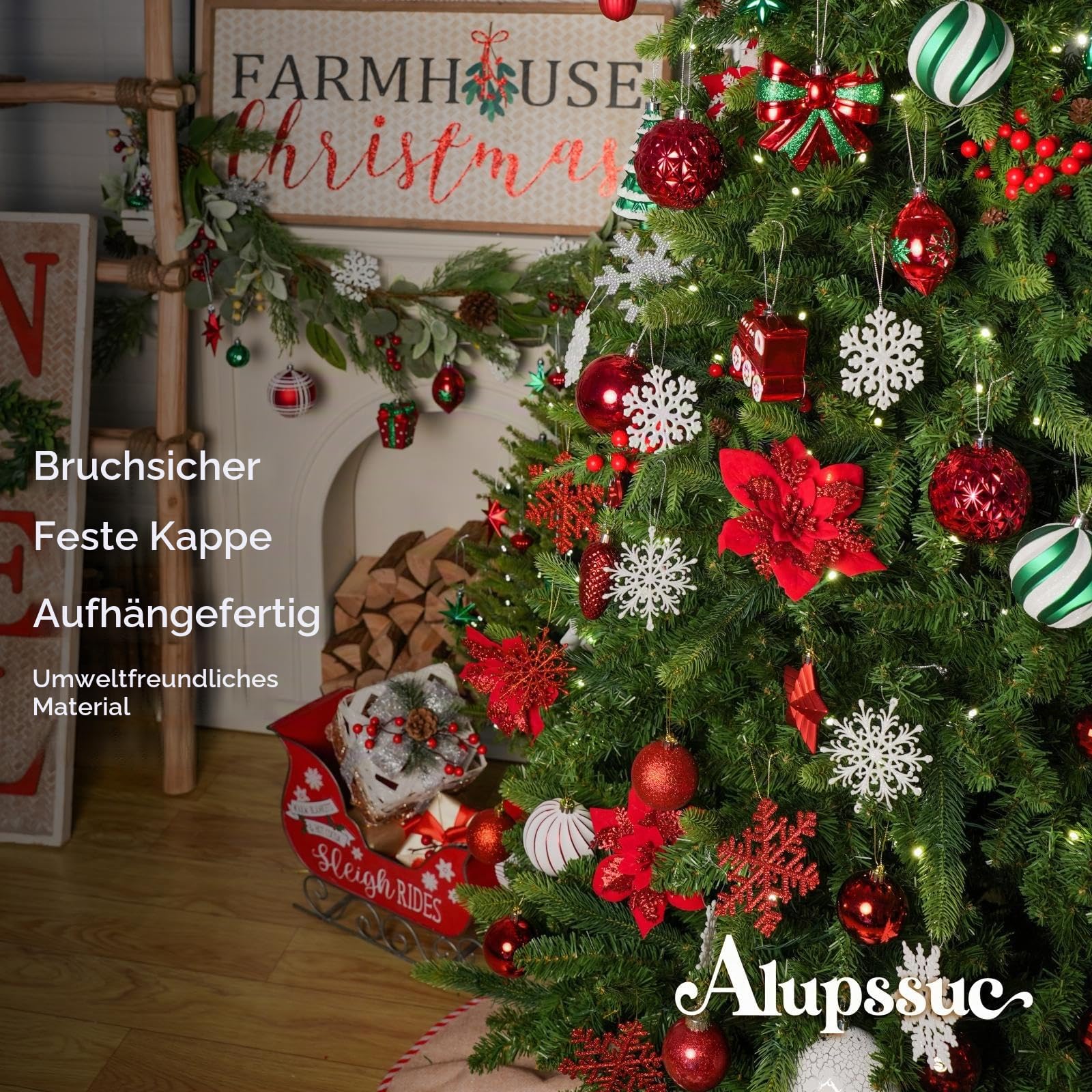Alupssuc 82CT personalisiertes Weihnachtskugeln Weihnachtsdeko Set,Bruchsichere Kugeln für Weihnachtsbaum,Urlaub Party,Hochzeit und Weihnachten Dekoration mit Pre-Hanged Strings,Rot Grün&Weiß | 82 Stück Weihnachtskugeln, vorhängende Seile, bruchsicherer K