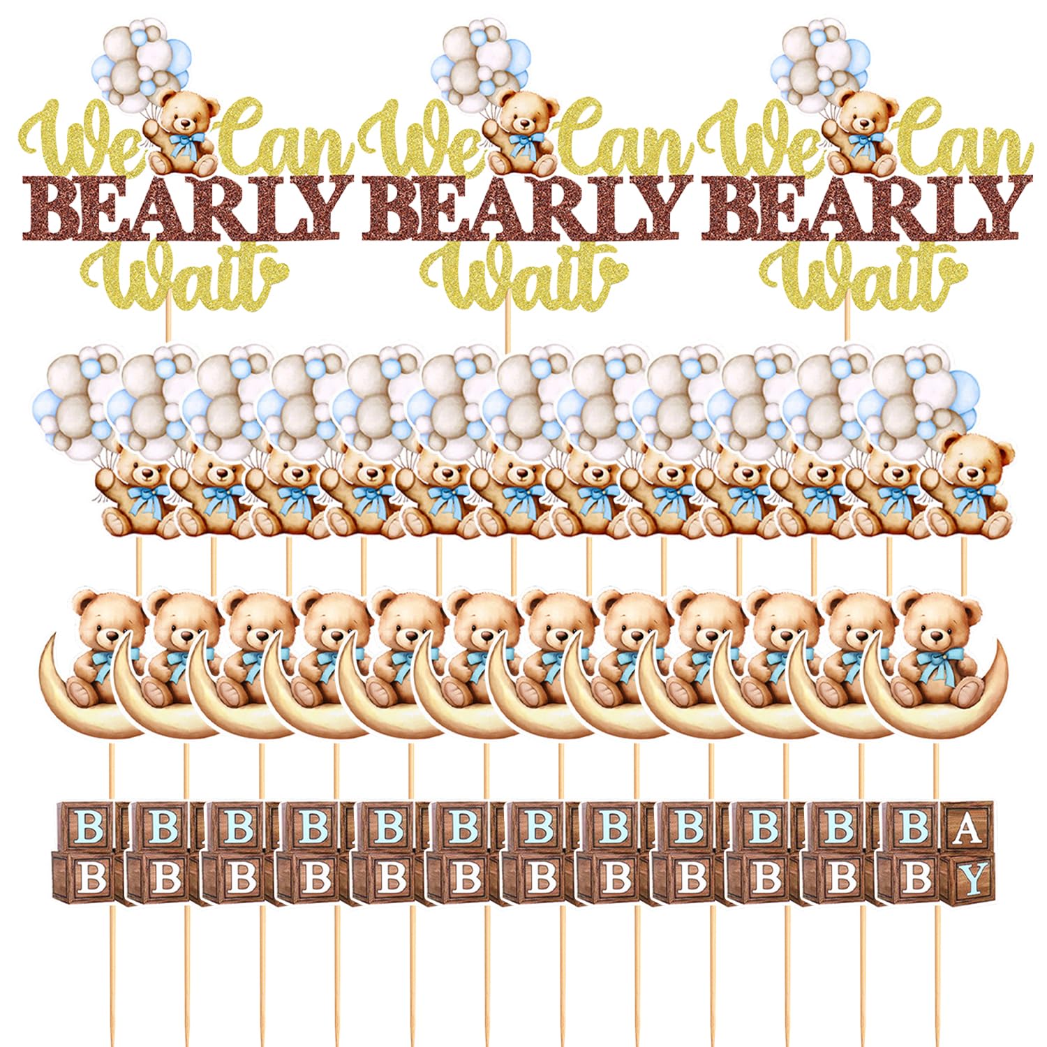 Memofynd Blue 39 Pieces Of Card Insert, Creative Teddy Bear Cake Topper, Children's Cupcake Plugin, Card Love Cartoon Bear Decoration, Baby Shower Party Decoration