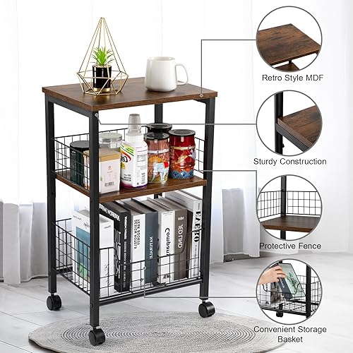 Miniatura 4 de Hadulcet Mesa auxiliar pequeña, mesa auxiliar de 3 niveles con cesta de almacenamiento, mesa auxiliar de estilo industrial para sala de estar,