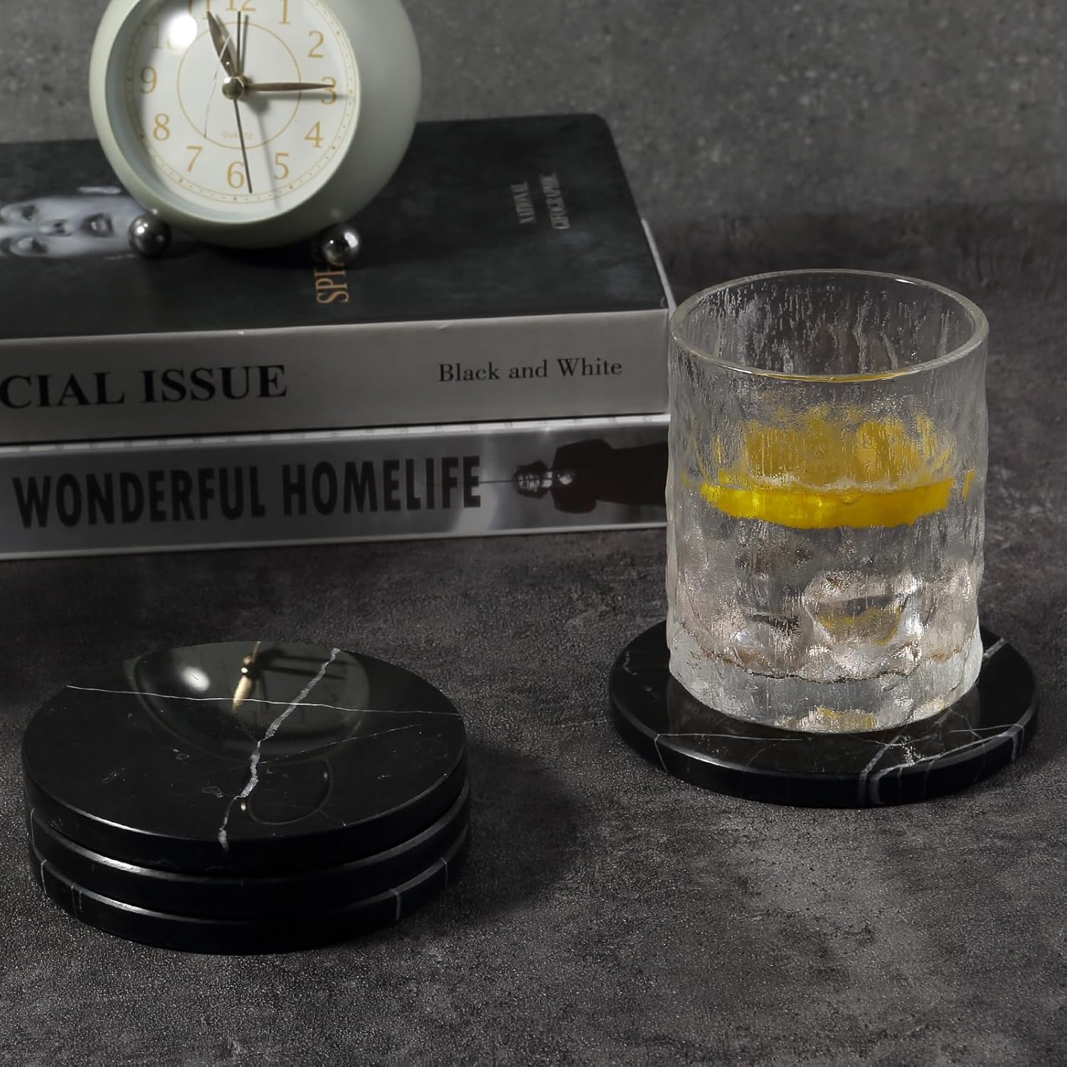 Koville Marble Coaster Set of 4, Round Coasters, 4" Stone Coaster for Drinks Coffee, White Marble Coasters for Coffee Table Home Bar Decor, Heat Resistant, Gift Choice(Black)