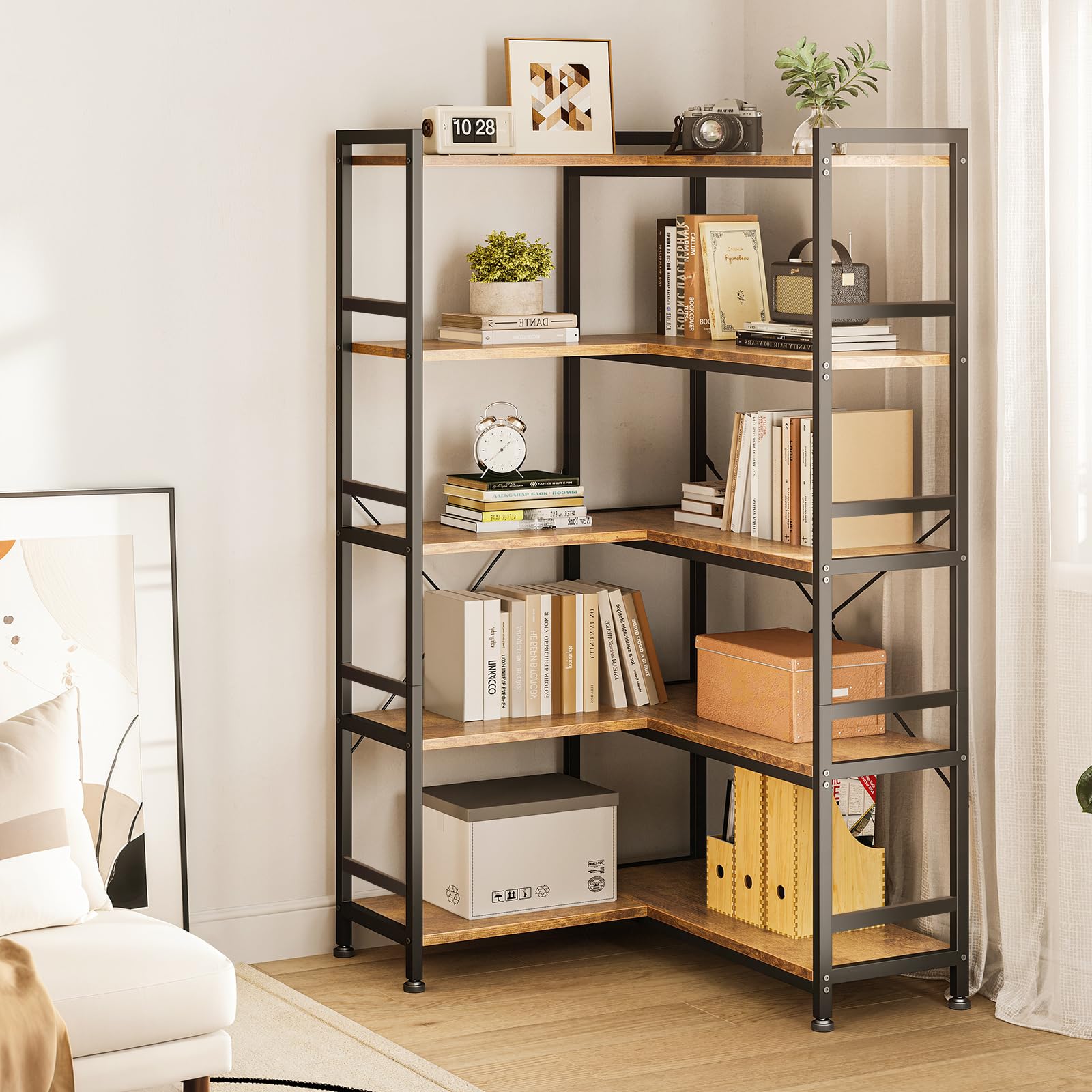 Coleshome Bibliothèque Angle 5 Niveaux, Meuble Rangement, 145.5cm, Marron | Montage Facile Étagères Ouvertes Anti-Basculement Autoportant Compact Polyvalent Salon Chambre Bureau Cuisine