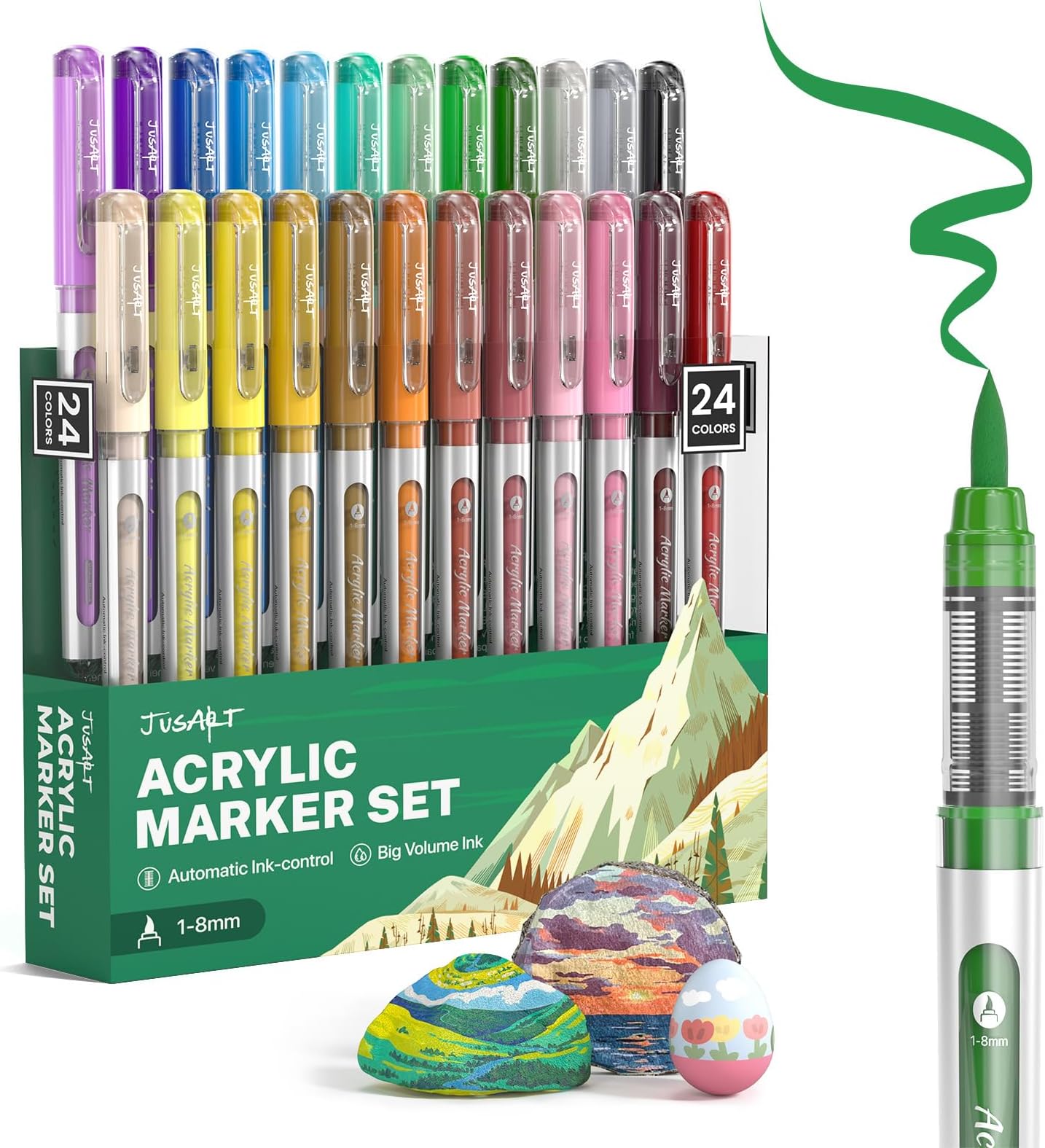 JusArt Acrylic Marker Pens, 24 Color Set, Water-based, Sparkling, Broad, Acrylic Paints, Large Capacity, Illustration, For Writing Fabrics, Glass, Plar, Stone, Wood, Pottery, Metal.