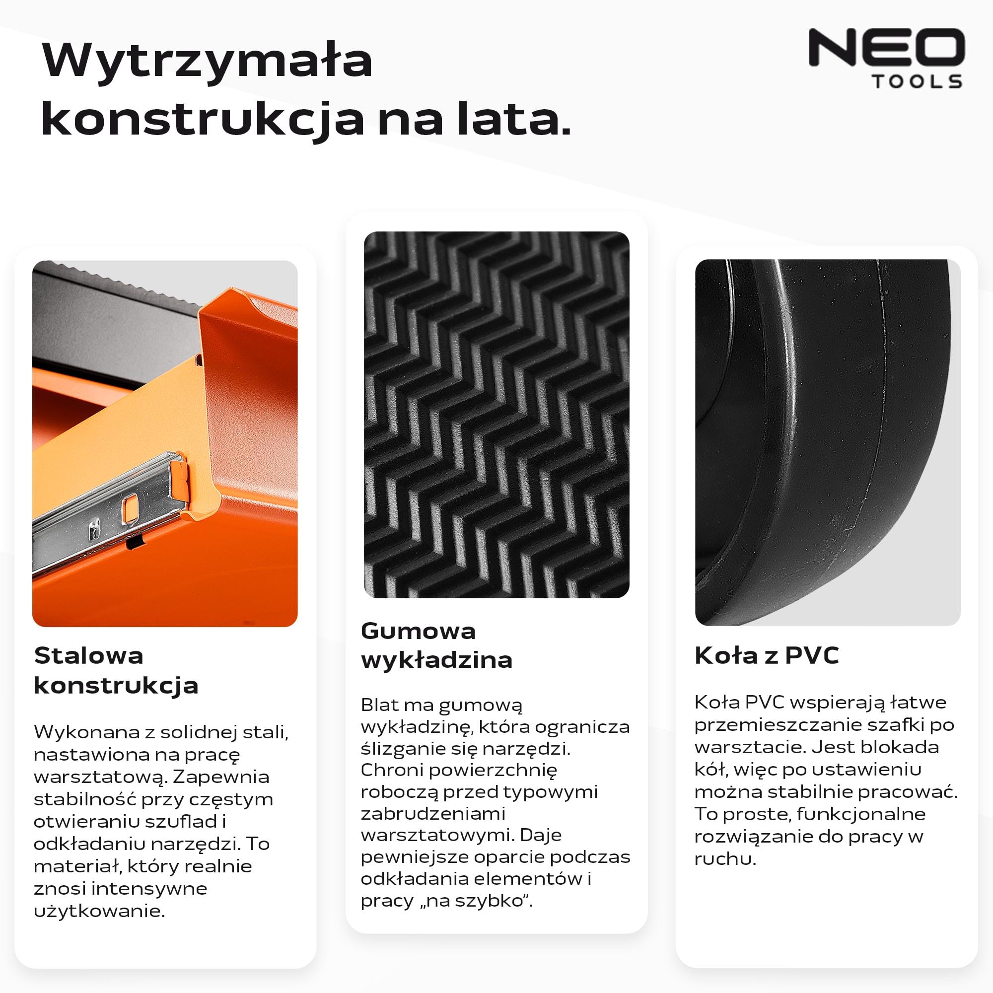 NEO TOOLS Wózek warsztatowy, 5 przegródek, szuflady z łożyskiem kulkowym, centralnie zamykany, mata antypoślizgowa, kółka obrotowe, z hamulcem postojowym, mobilny wózek narzędziowy, szafka na