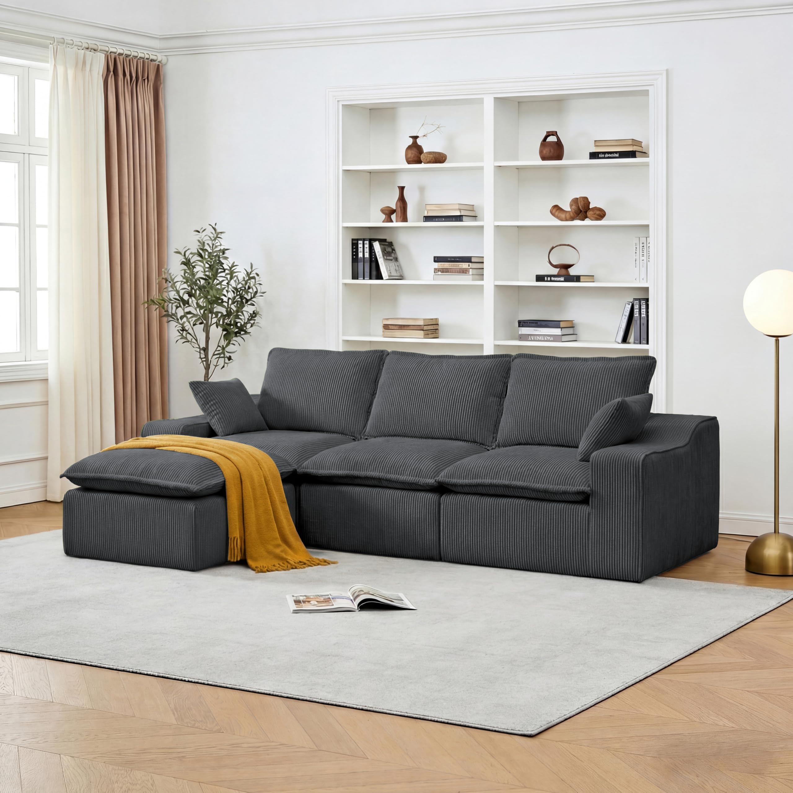 Vipbear Ecksofa, Modulares Sofa 273 cm breit, L-Form Sektionssofa 4-Sitzer mit Abnehmbarer Ottomane, Cloud-Sofa aus Cord mit Chaiselongue Links, L Sofa Couch für Wohnzimmer, Dunkelgrau