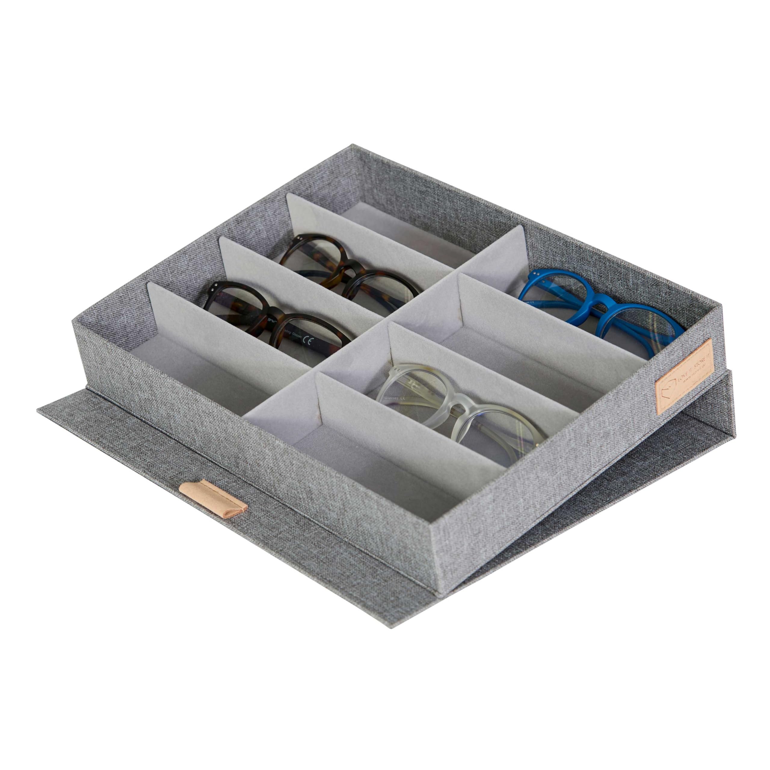 LOVE IT STORE IT Pudełko na okulary premium na 8 okularów, wykonane z tkaniny lnianej, do przechowywania i prezentacji, wzmocnione drewnem, jasnoszare, 32 x 25 x 5,5 cm